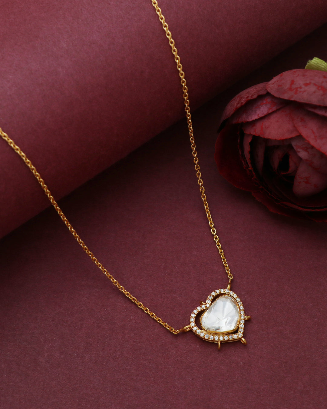 925 Silver Moissanite Polki Heart Shape Necklace