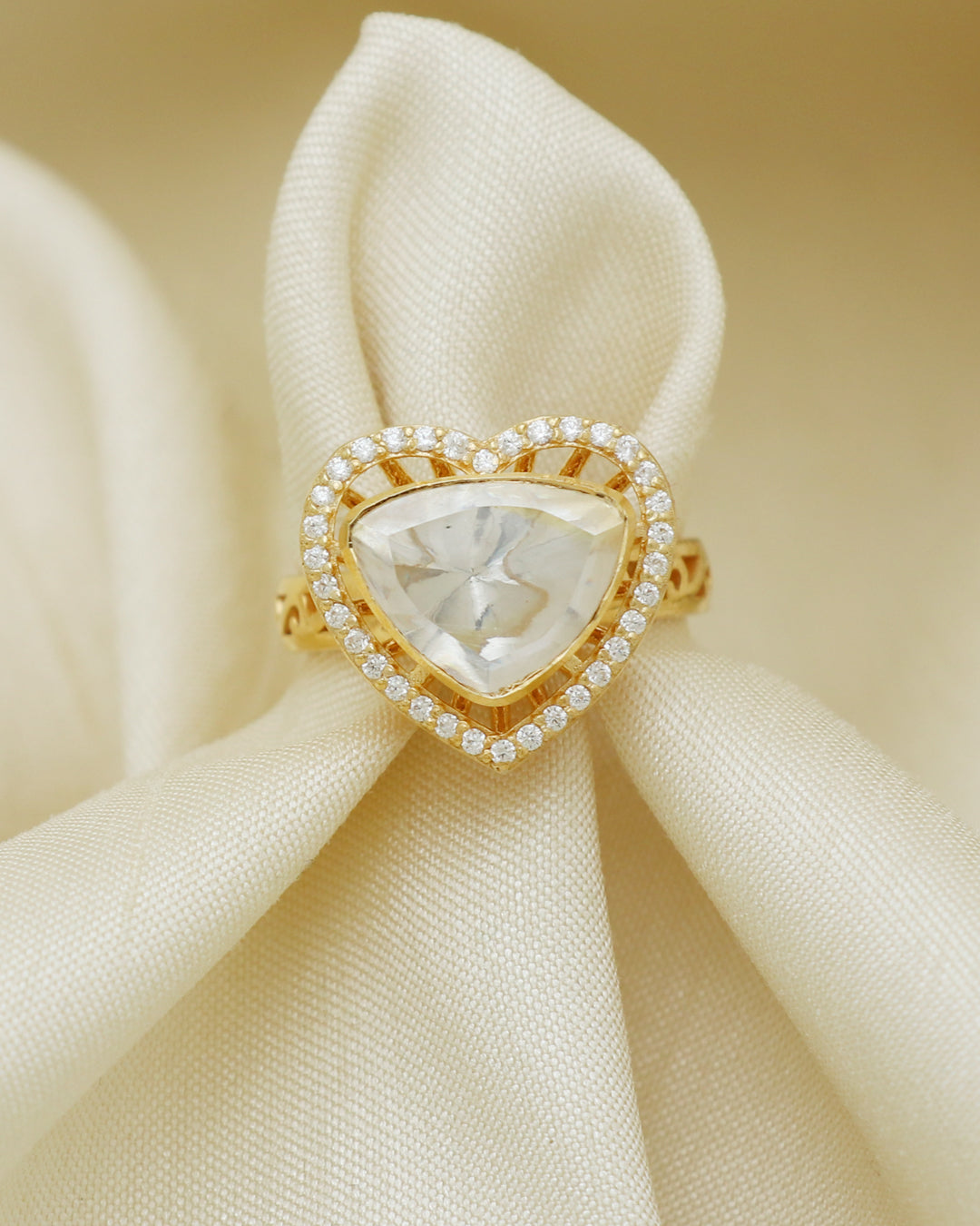 925 Silver Moissanite Polki Heart Shape  Adjustable  Ring