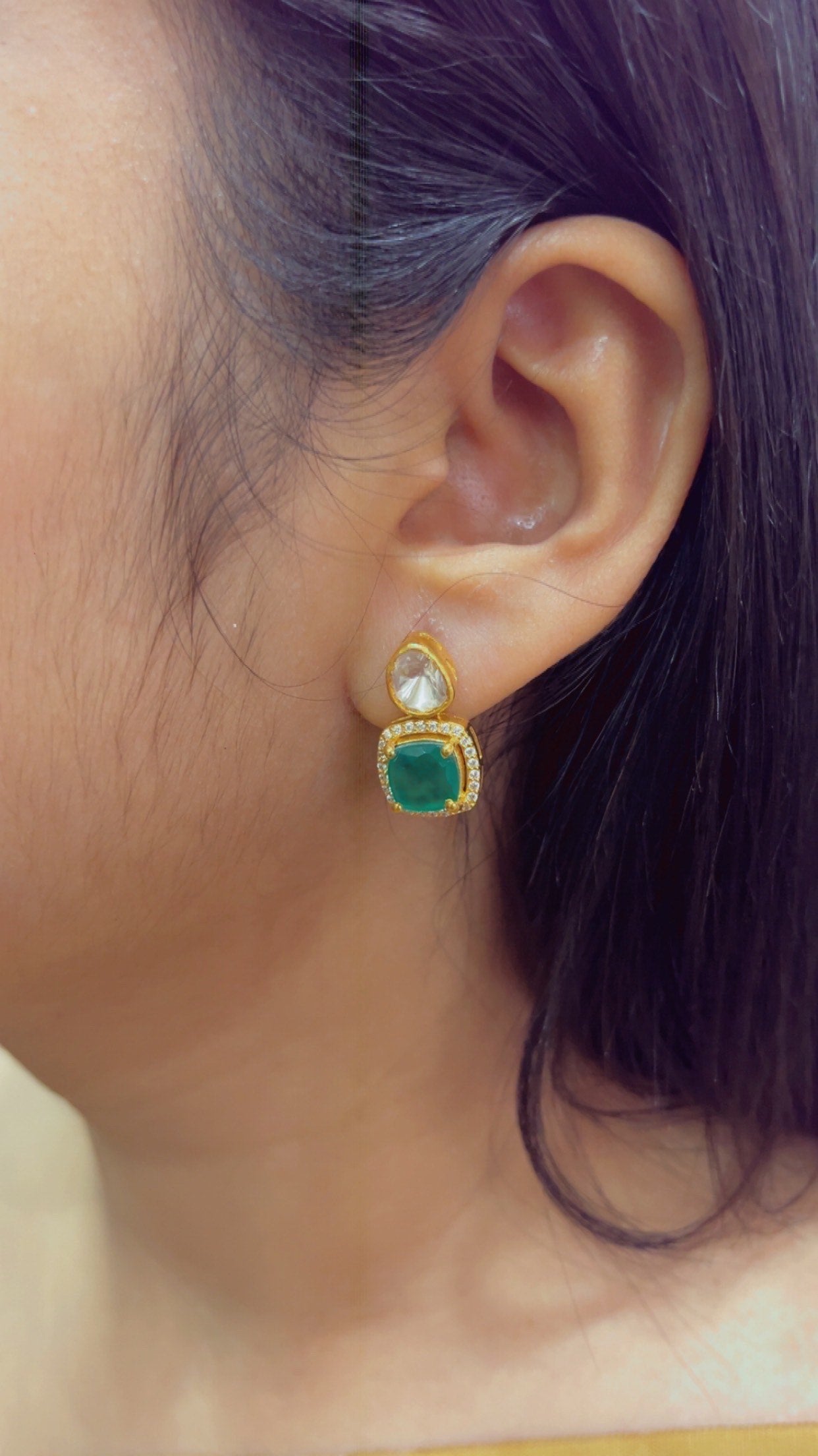 925 Silver Moissanite Polki Green Stud Earring