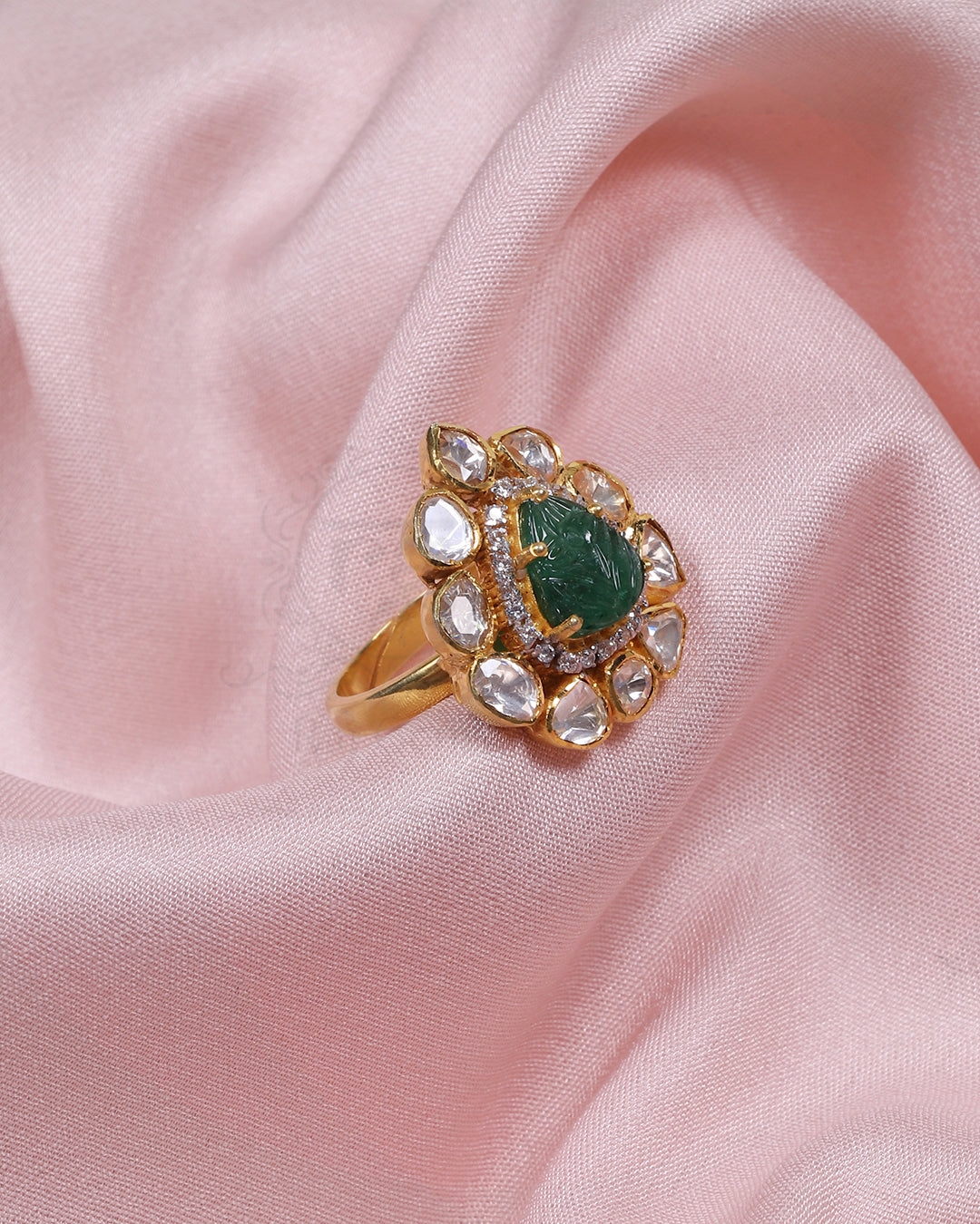 925 Silver Carved Emerald Gemstone Ring