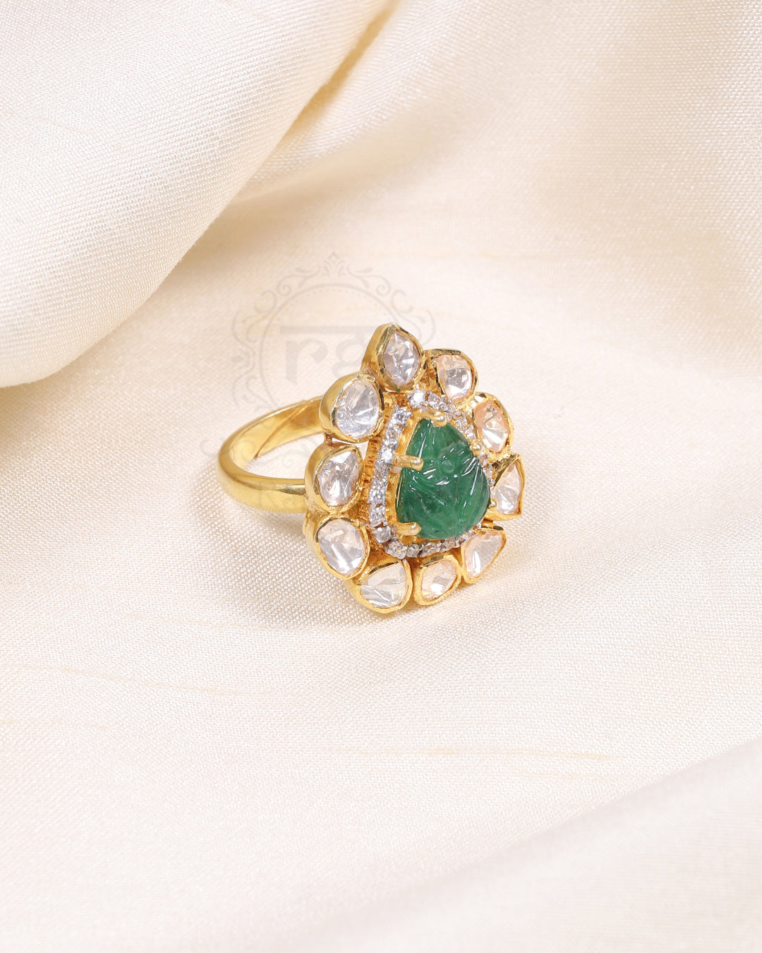 925 Silver Carved Emerald Gemstone Ring