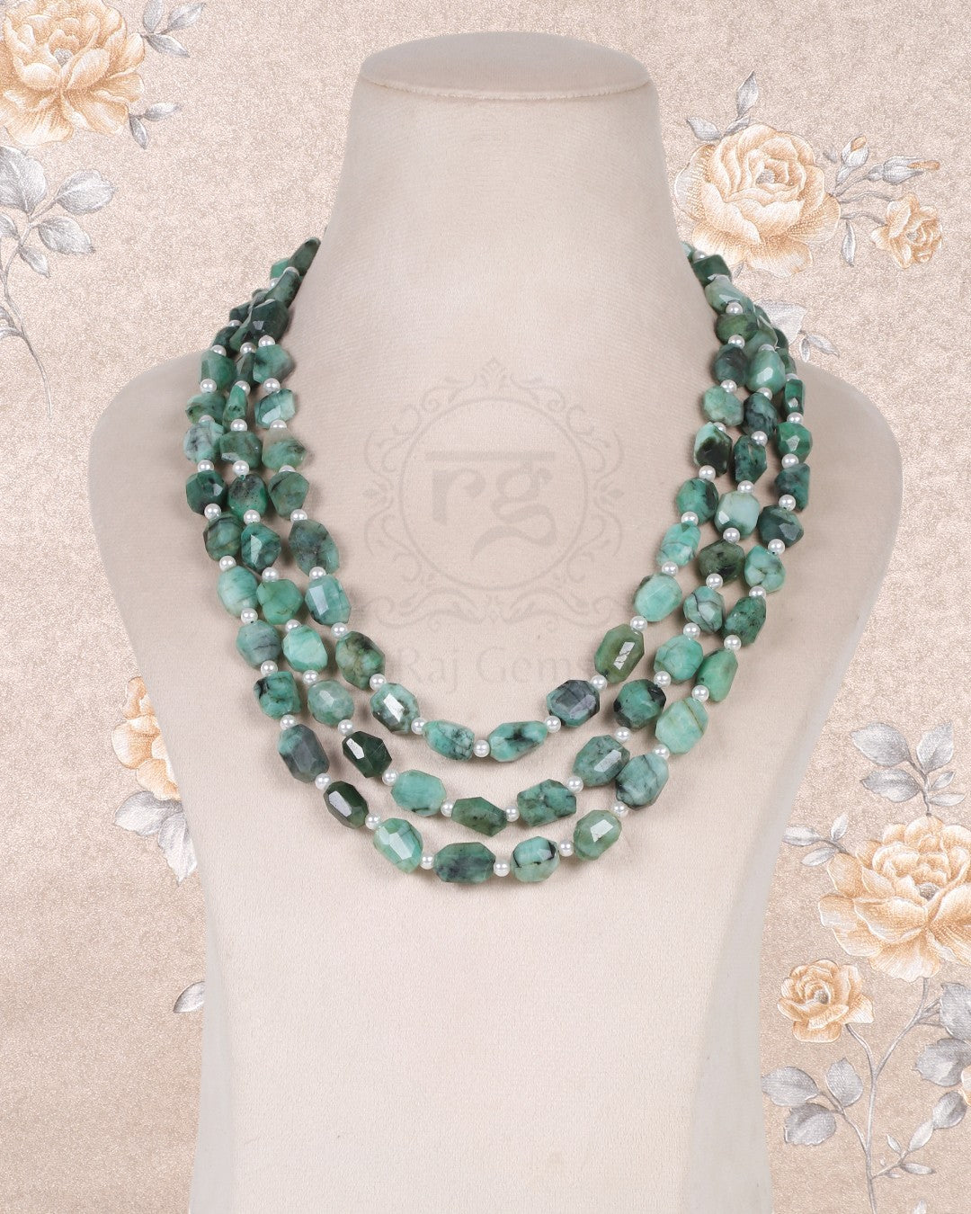Natural Emerald And Pearl Gemstone faceted Beads Necklace Jewelry