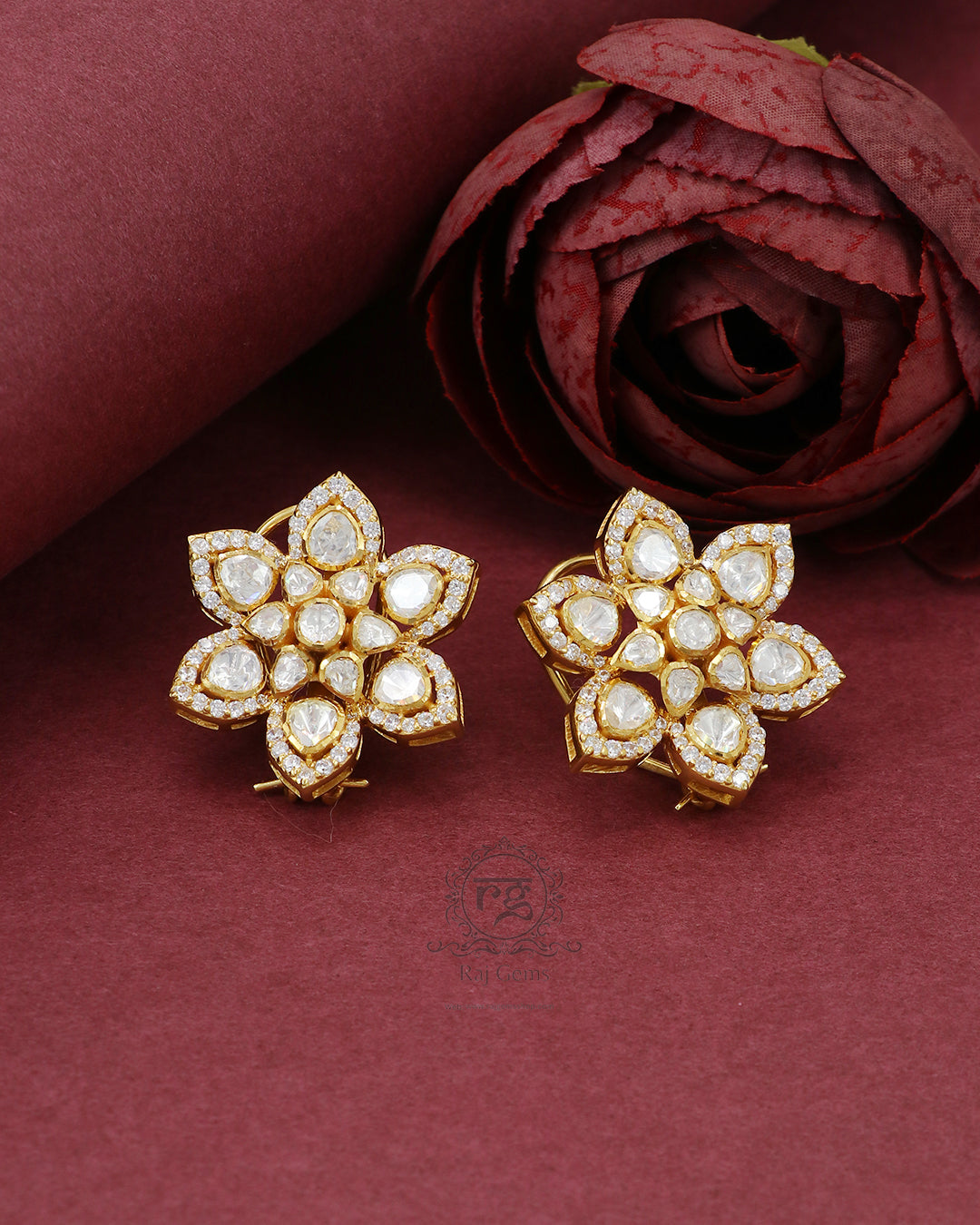 925 Silver Moissanite Polki Stud Earring