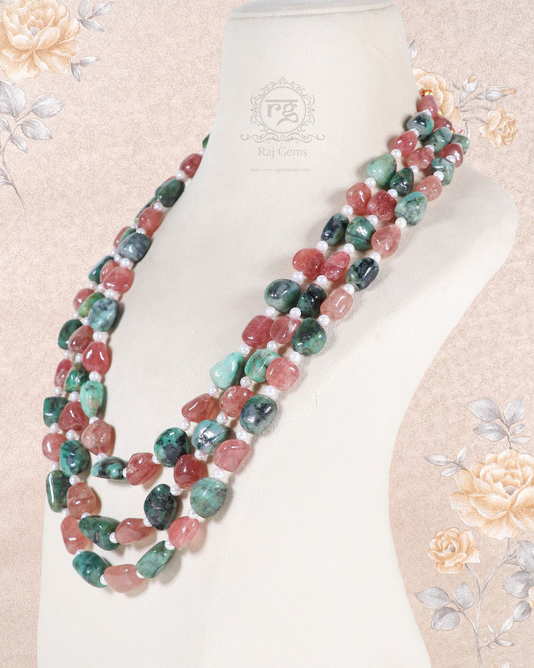 Natural Pink Quartz & Emerald Gemstone Beads Necklace Jewelry