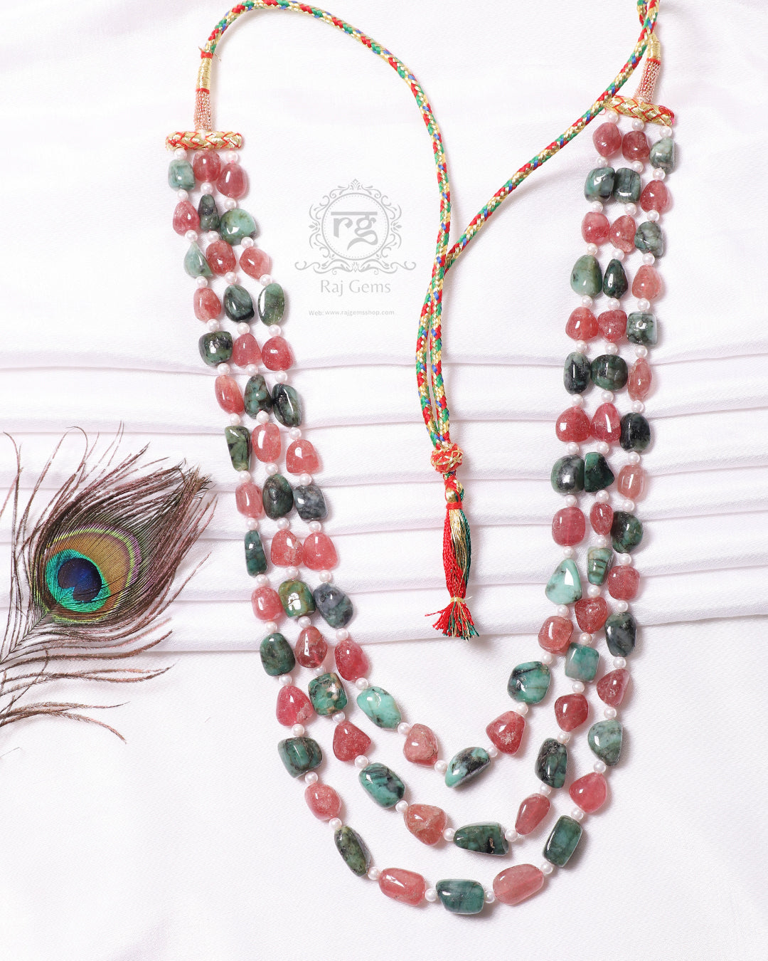 Natural Pink Quartz & Emerald Gemstone Beads Necklace Jewelry