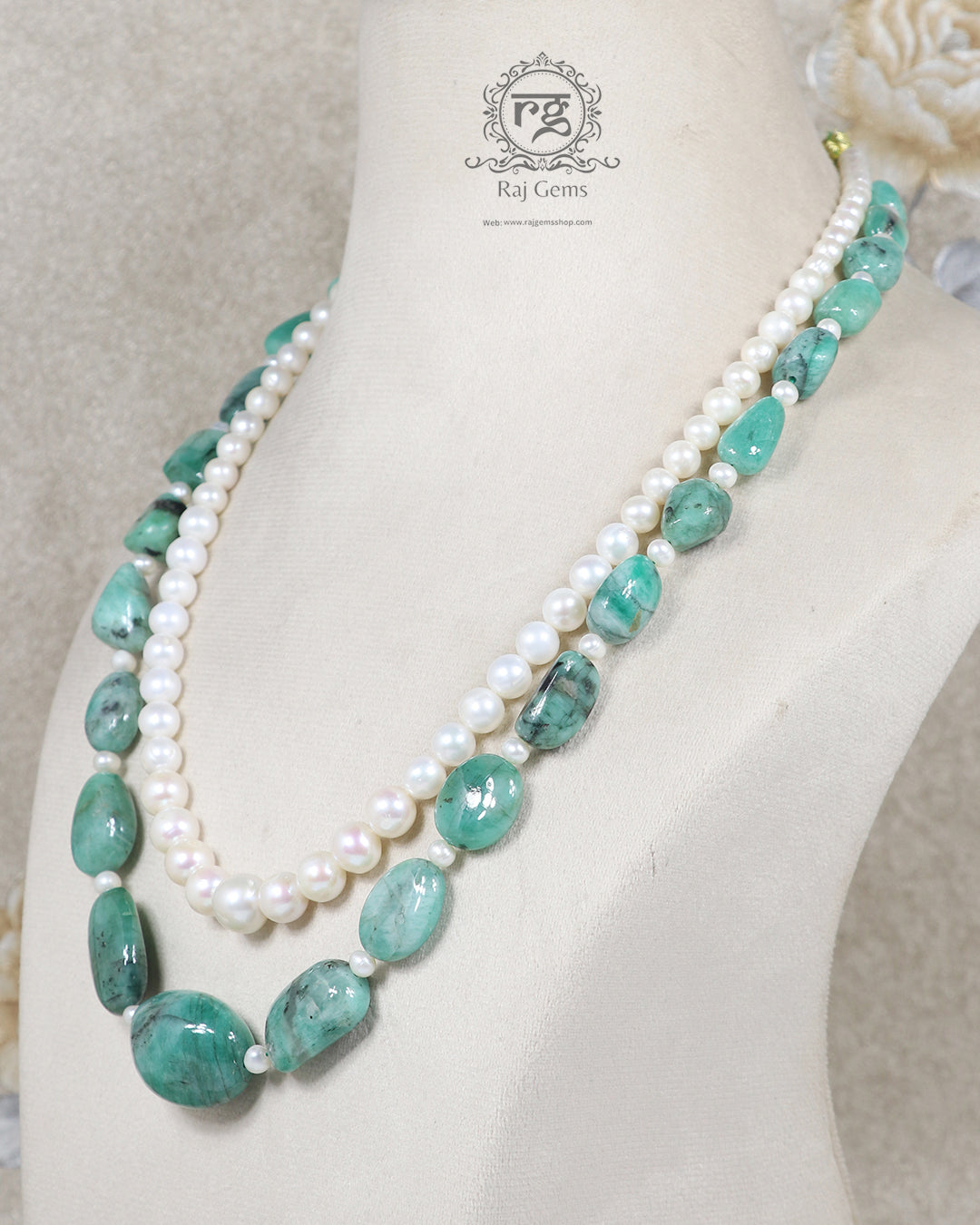 Natural Emerald & Pearl Gemstone Beads Necklace Jewelry