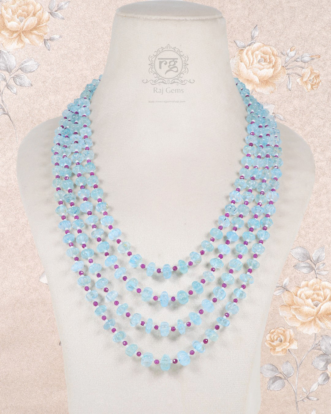 Natural Aquamarine, Ruby & Pearl Gemstone Beads Necklace Jewelry