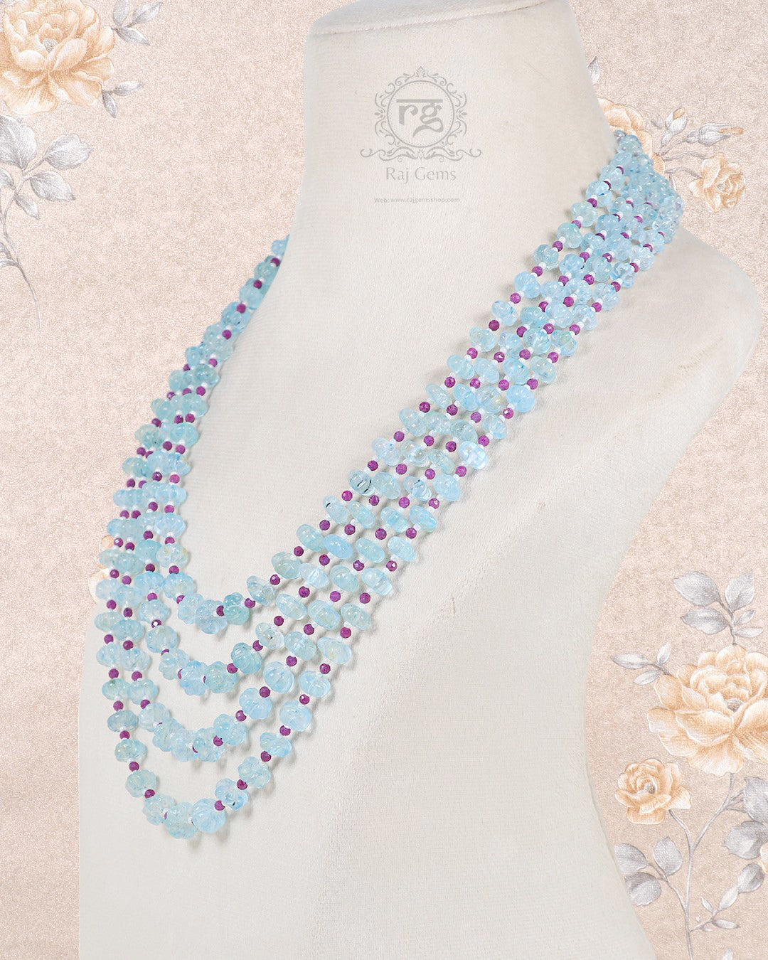 Natural Aquamarine, Ruby & Pearl Gemstone Beads Necklace Jewelry