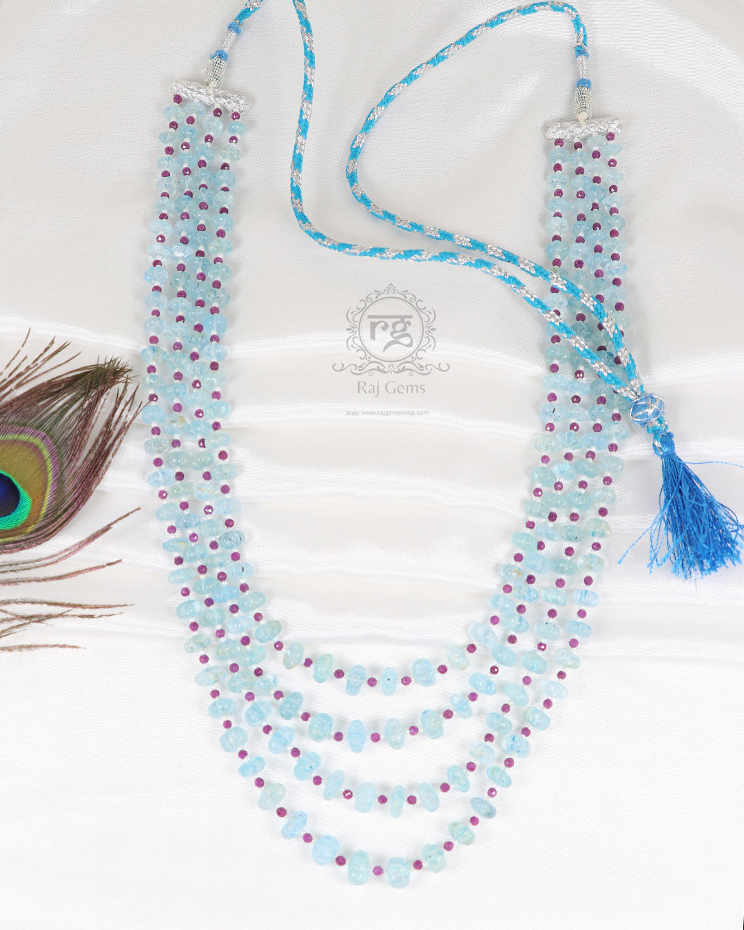 Natural Aquamarine, Ruby & Pearl Gemstone Beads Necklace Jewelry