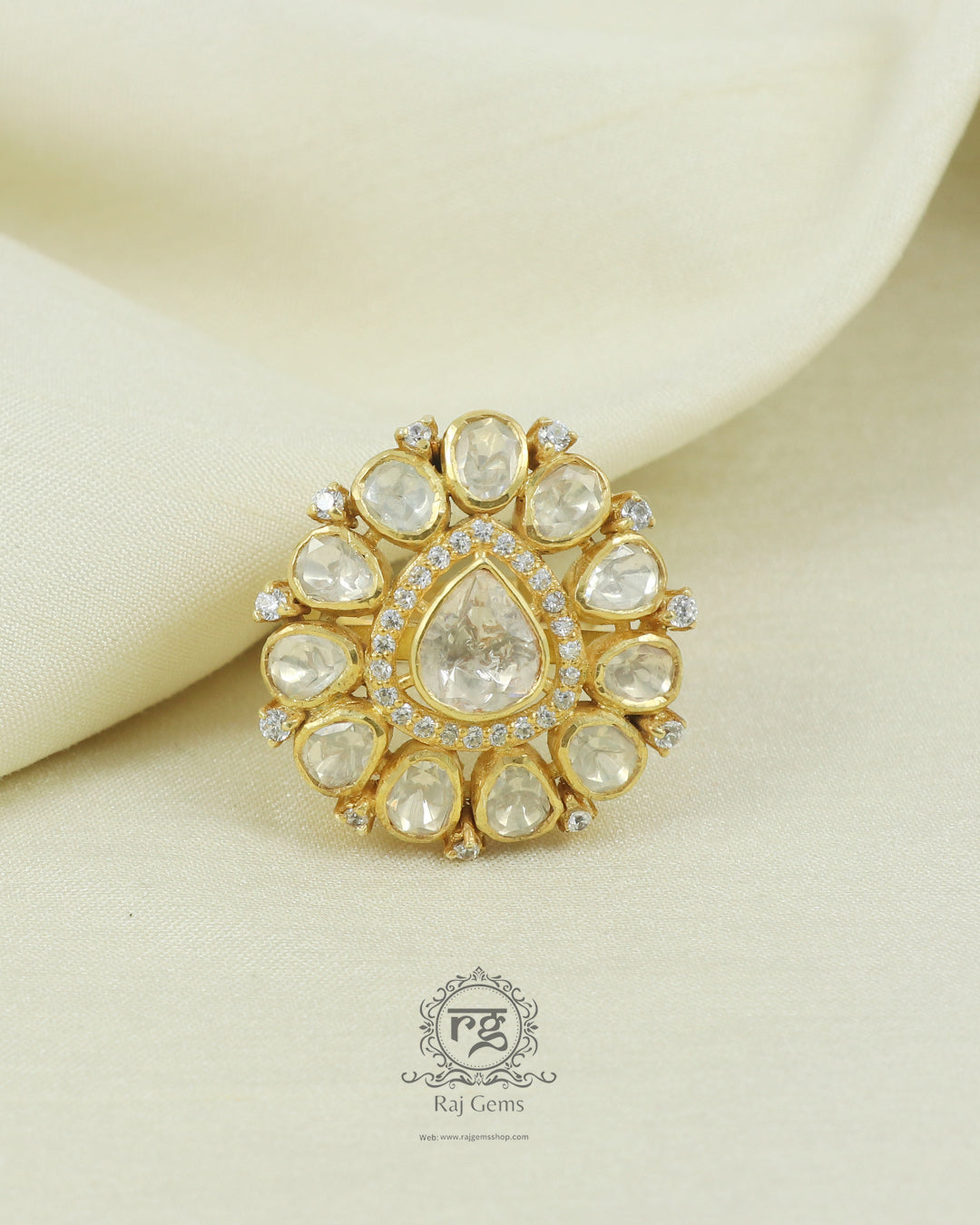 Pure Silver Polki Adjustable Ring