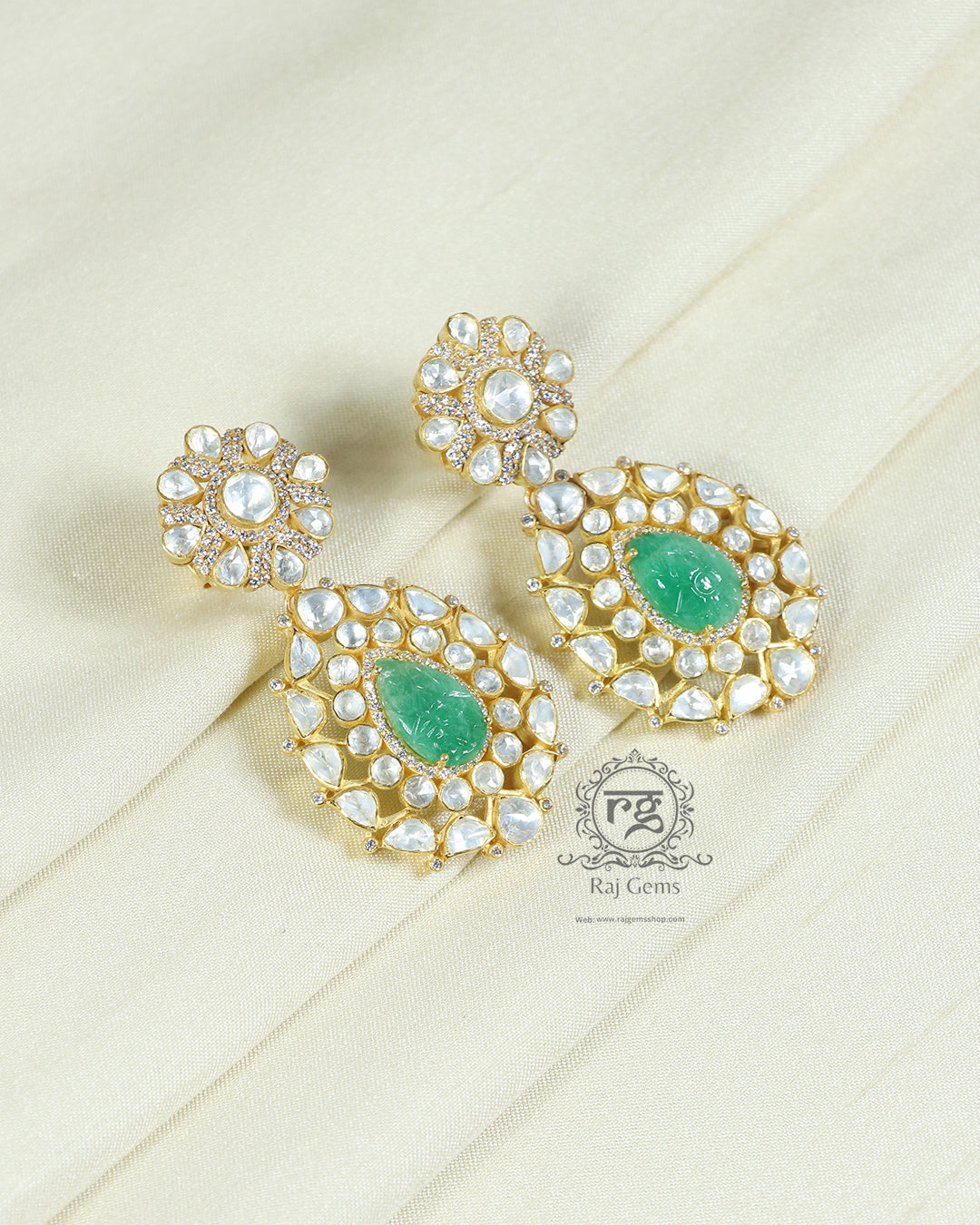 925 Silver Polki Green Earring