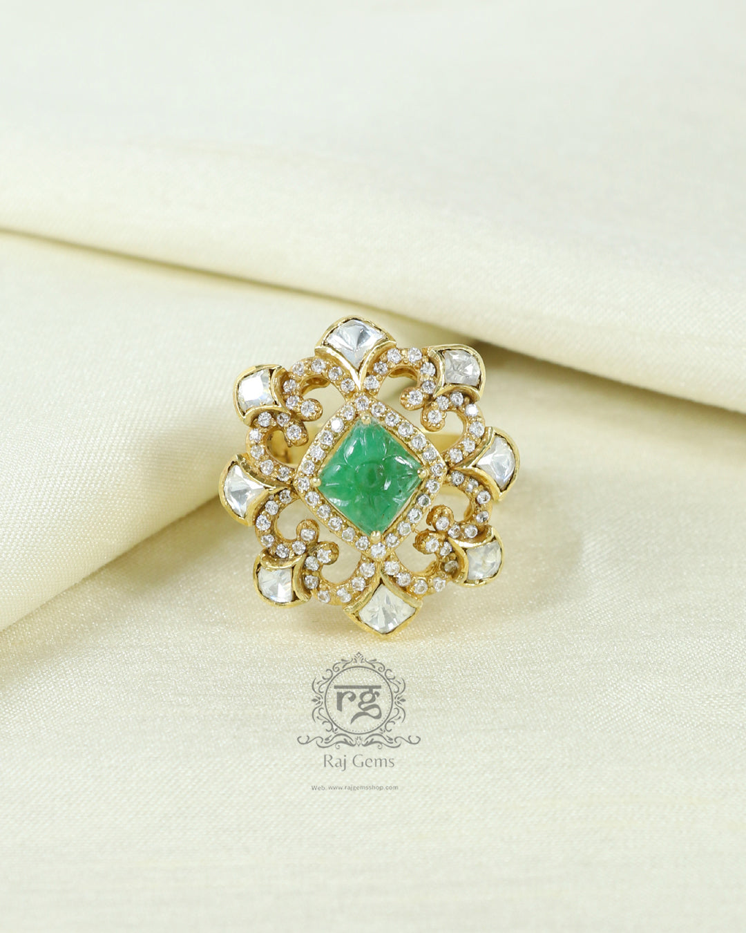 Natural Emerald Designer Pure Silver Adjustable Ring