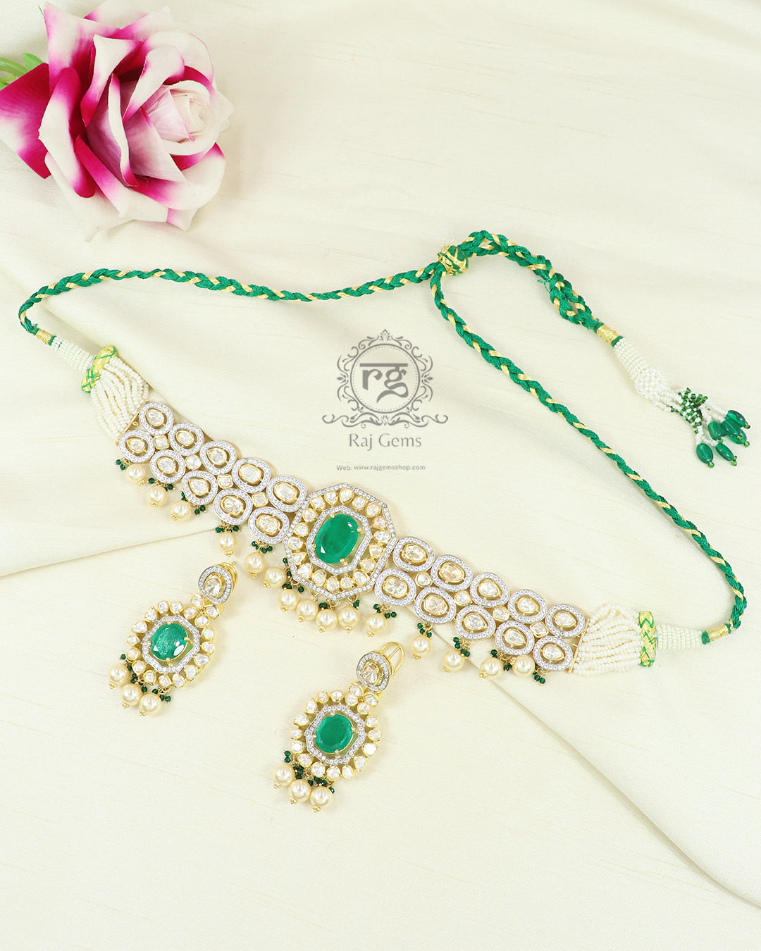 Designer 925 Pure Silver Green Choker Necklace Jewellery