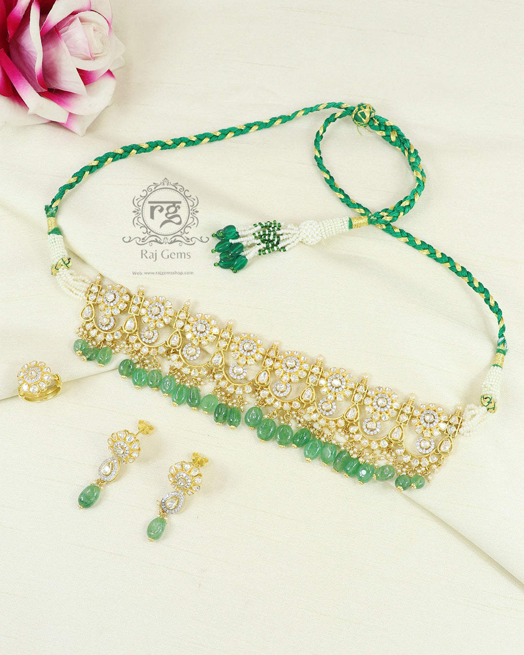 Designer 925 Pure Silver Green Necklace Jewellery with Ring