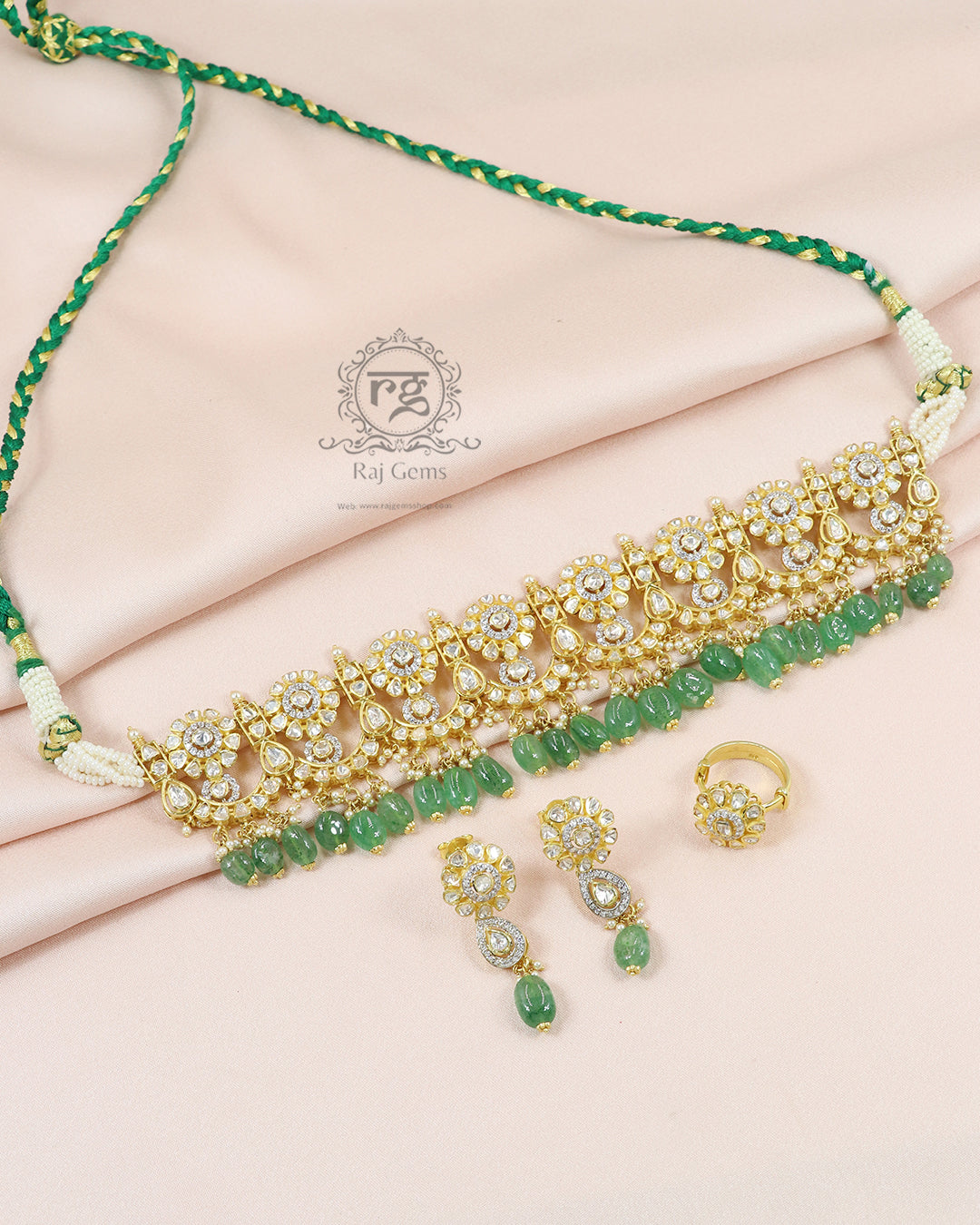 Designer 925 Pure Silver Green Necklace Jewellery with Ring