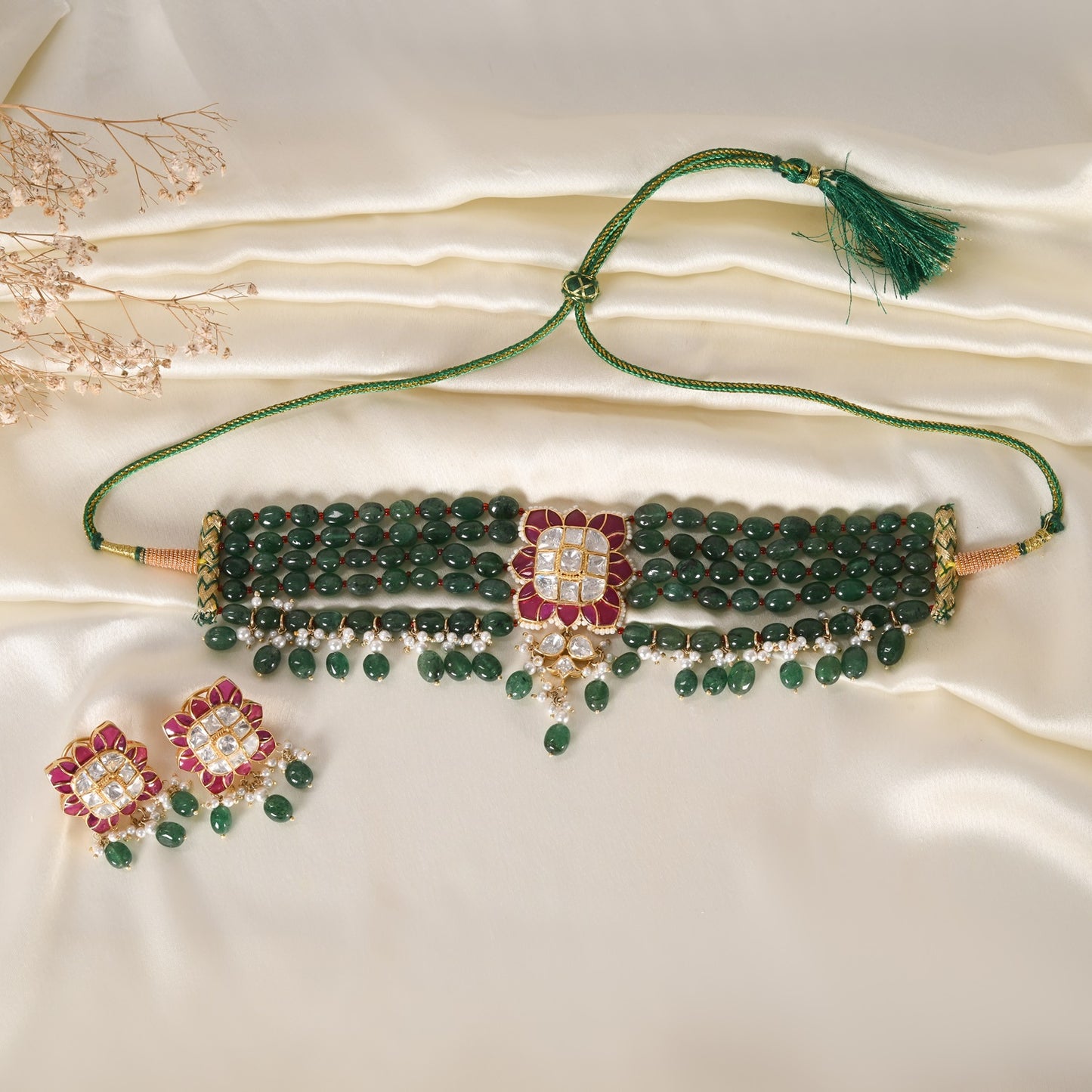 Designer 925 Pure Silver Green Quartz Choker Necklace Jewelry