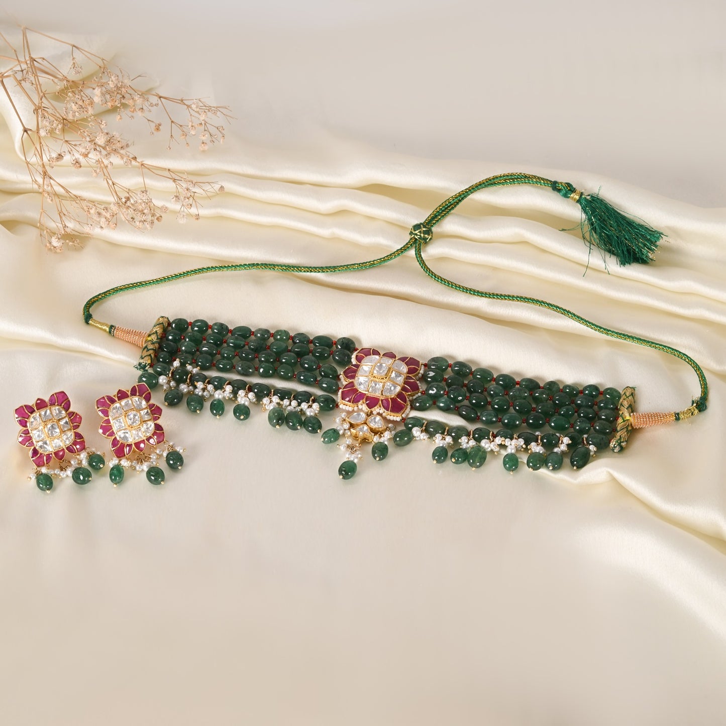 Designer 925 Pure Silver Green Quartz Choker Necklace Jewelry