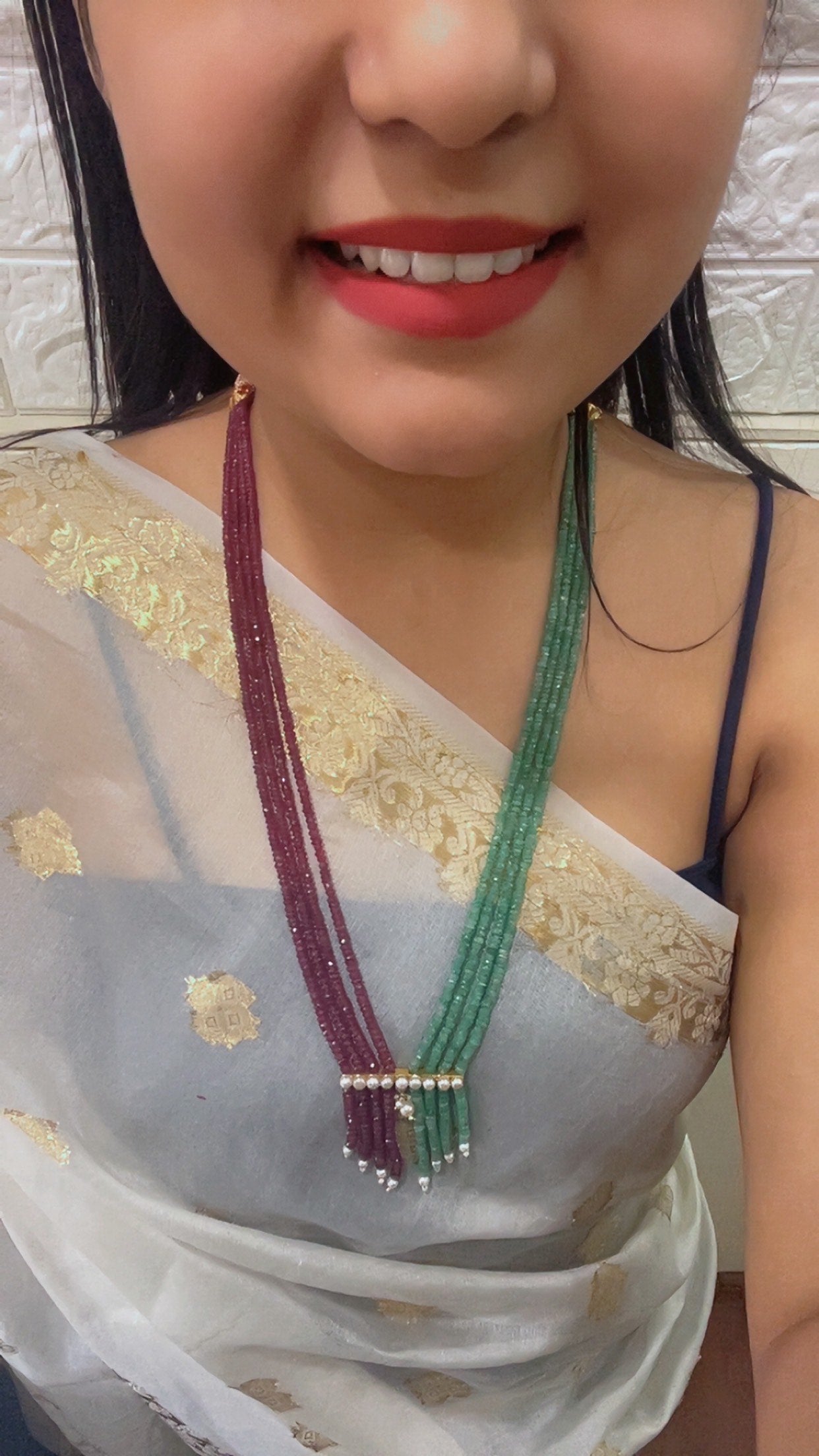 Designer 925 Silver Natural Ruby & Emerald Gemstone Beads Necklace Jewelry