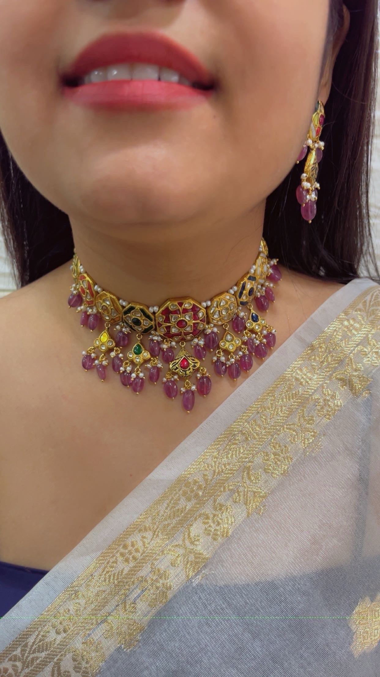 22K Gold Hallmarked Diamond Polki Red Choker Necklace Jewelry Set