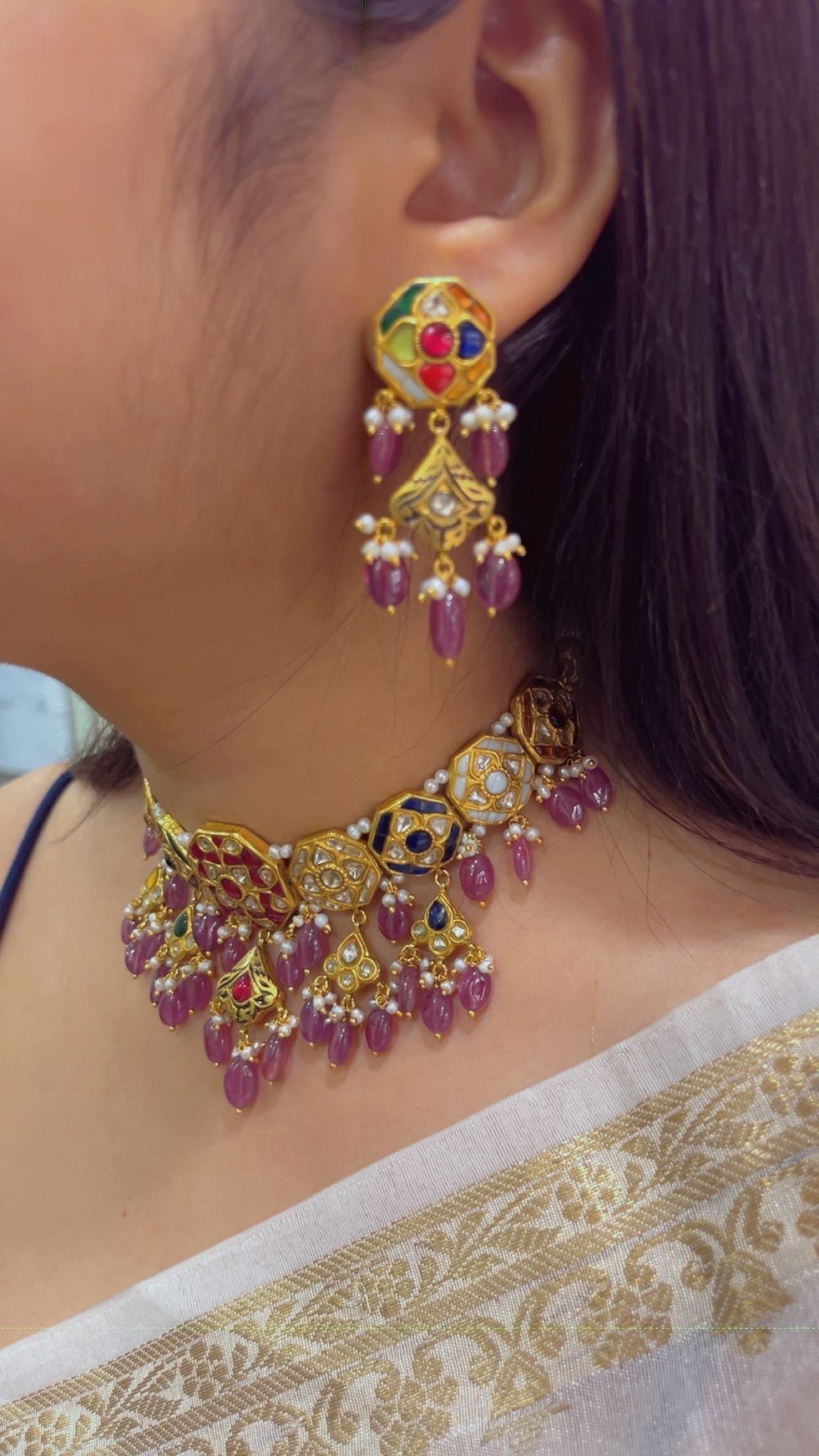 22K Gold Hallmarked Diamond Polki Red Choker Necklace Jewelry Set