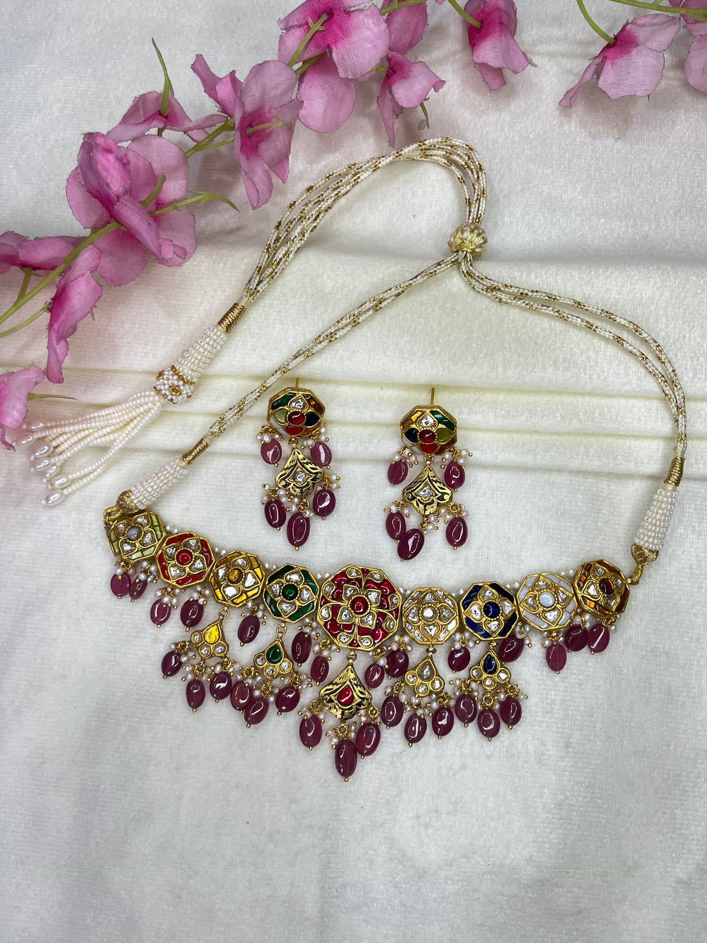 22K Gold Hallmarked Diamond Polki Red Choker Necklace Jewelry Set