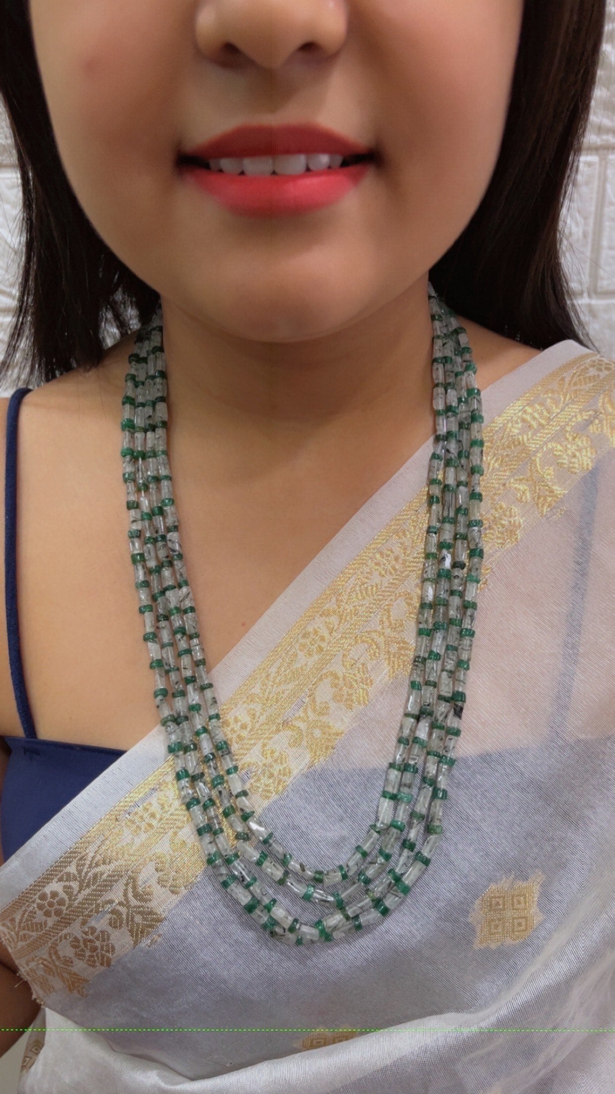 Natural Black Rutile & Green Quartz Gemstone Beads Necklace Jewelry