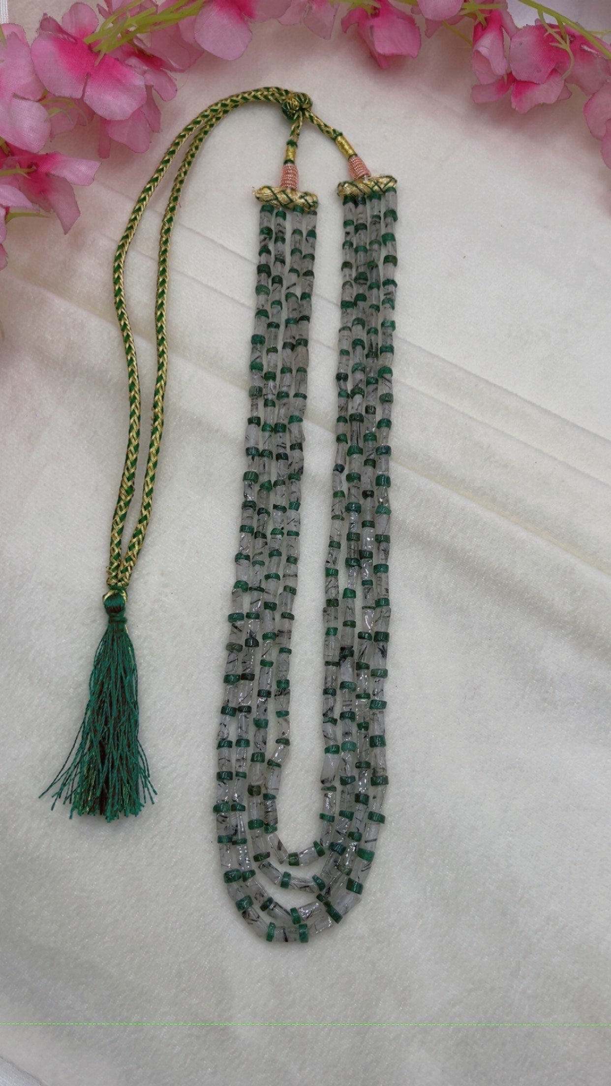 Natural Black Rutile & Green Quartz Gemstone Beads Necklace Jewelry
