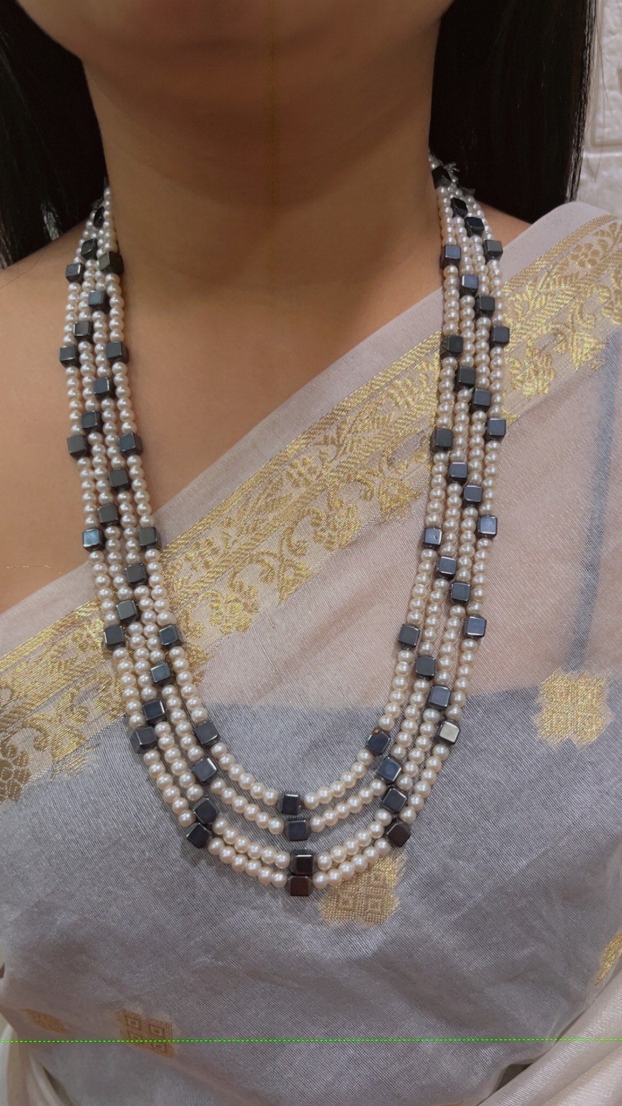 Natural Gunmetal & Pearl Gemstone Beads Necklace Jewelry QCMORE