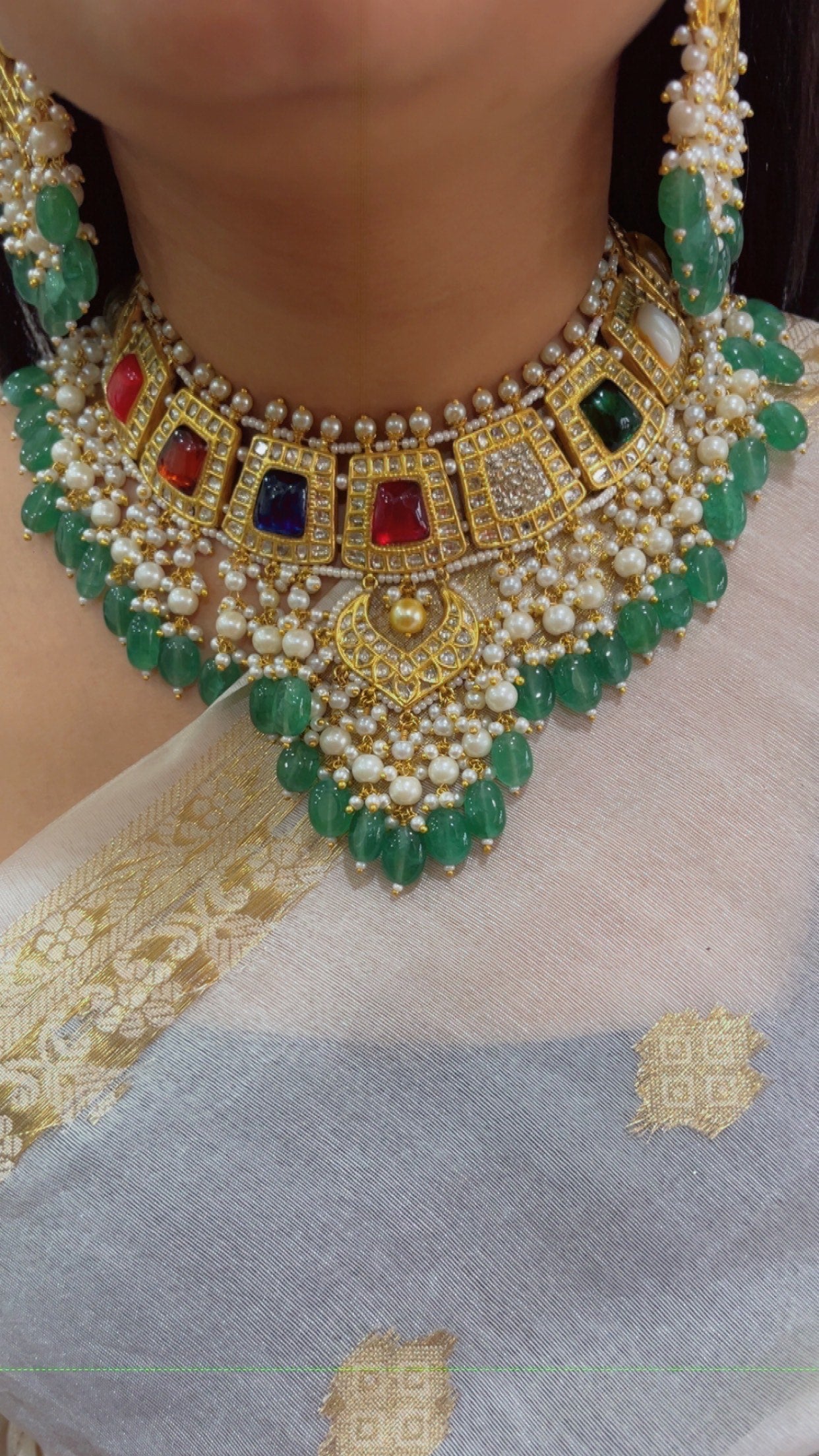 22K Gold Hallmarked Diamond Polki Multi Choker Necklace Jewelry