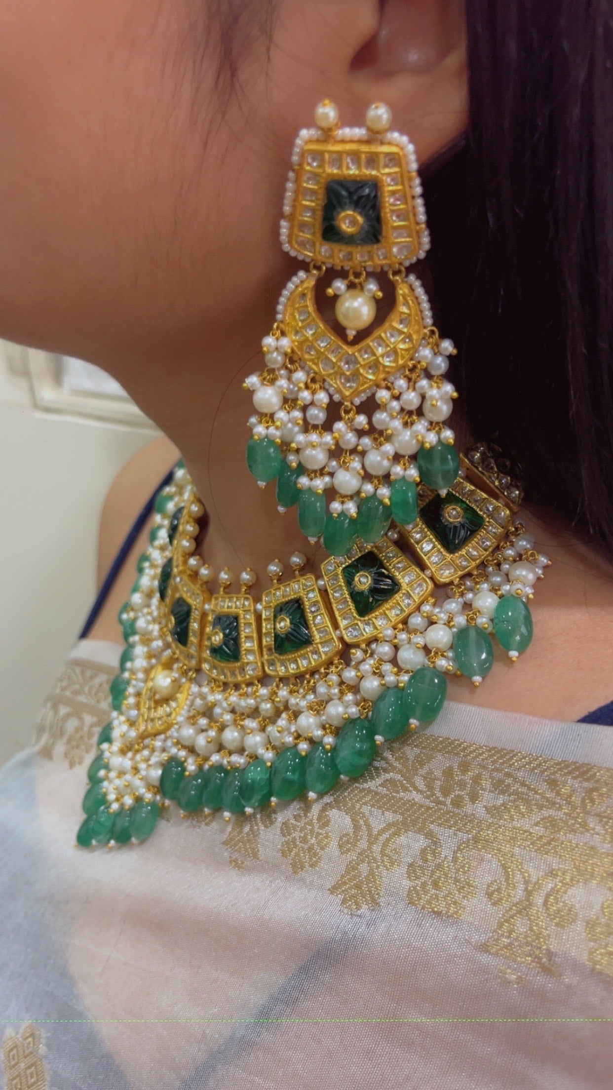 22K Gold Hallmarked Diamond Polki Green Choker Necklace Jewelry