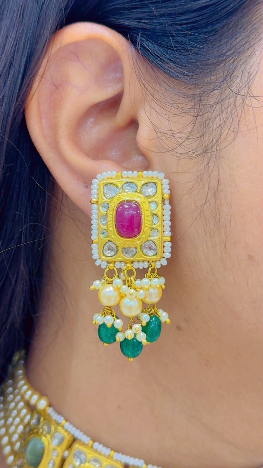 Designer 22 Karat Hallmarked Gold Necklace with Natural Diamond Polkis & Navratan gemstones