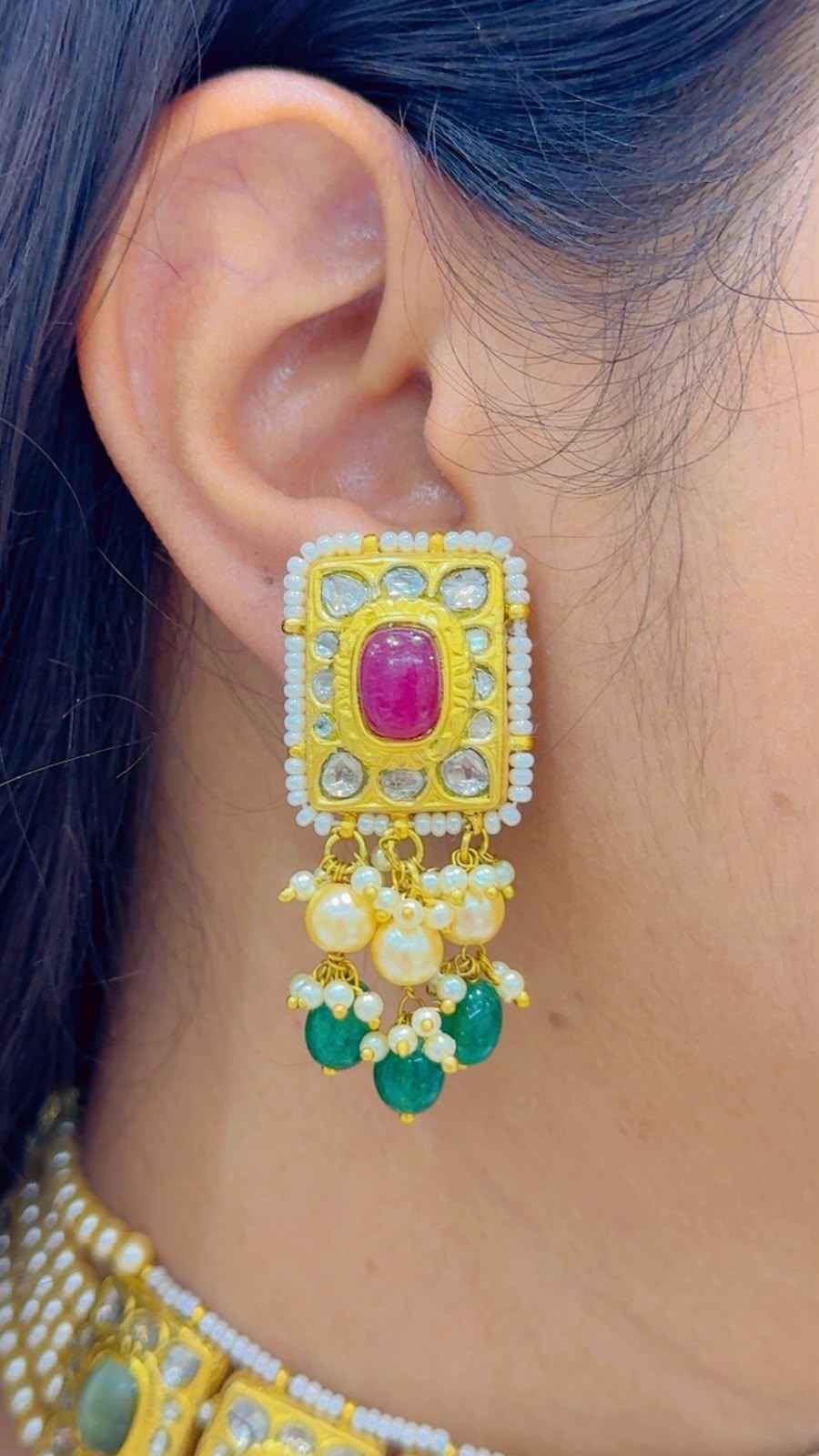 Designer 22 Karat Hallmarked Gold Necklace with Natural Diamond Polkis & Navratan gemstones