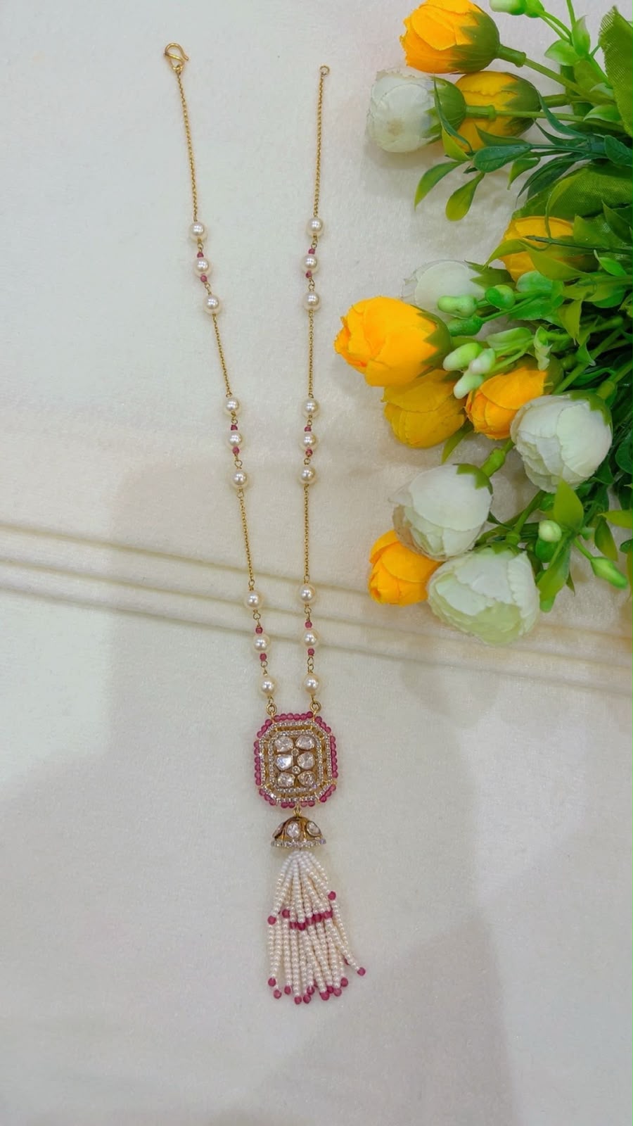 Designer 18 Karat Gold Tassel Necklace With Natural Diamond Polki