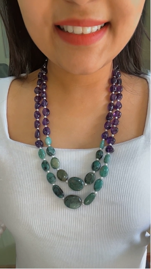 Natural Emerald & Amethyst Gemstone Beads Necklace Jewelry