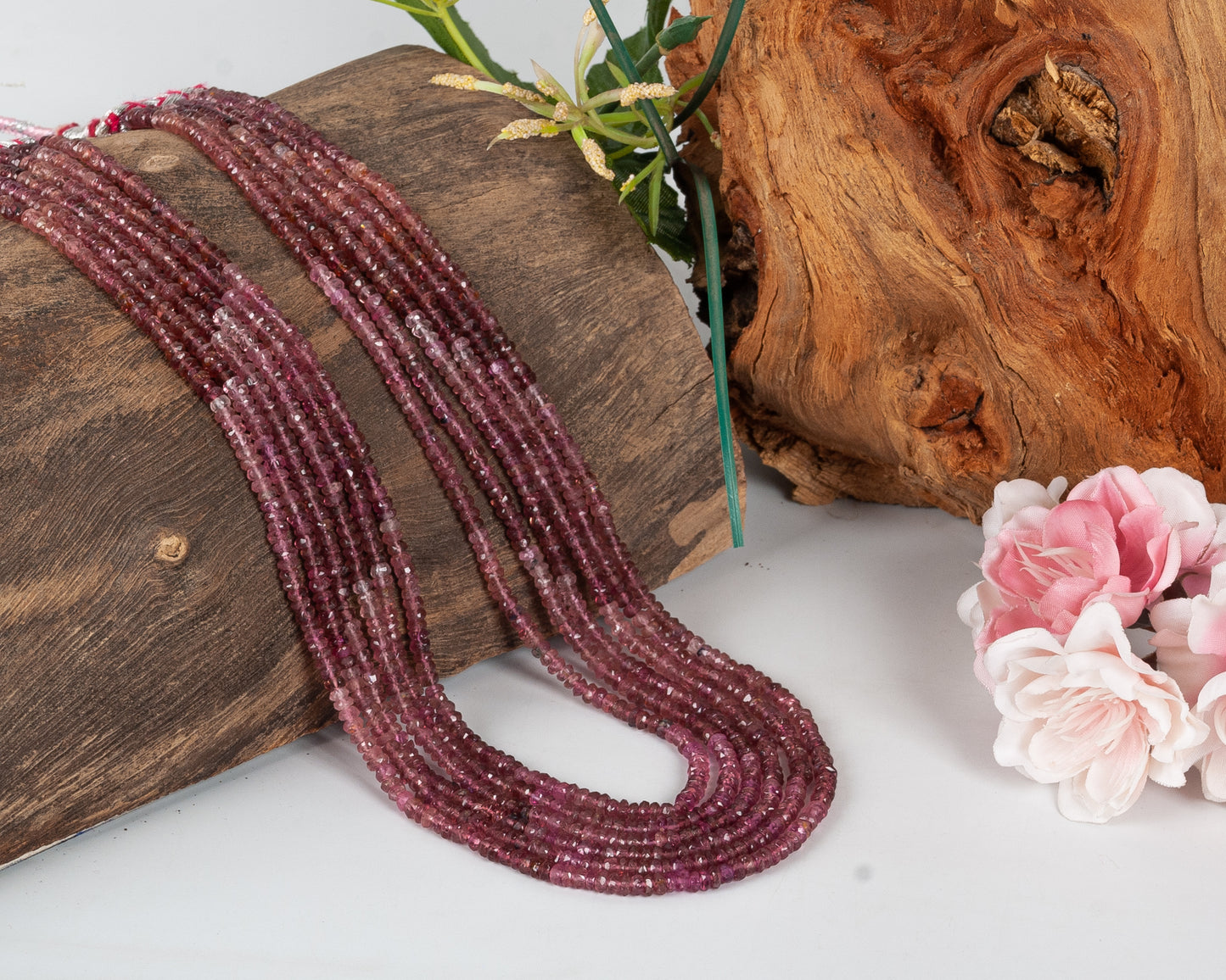 Natural Pink Tourmaline Gemstone Rondelle Faceted Beads Necklace
