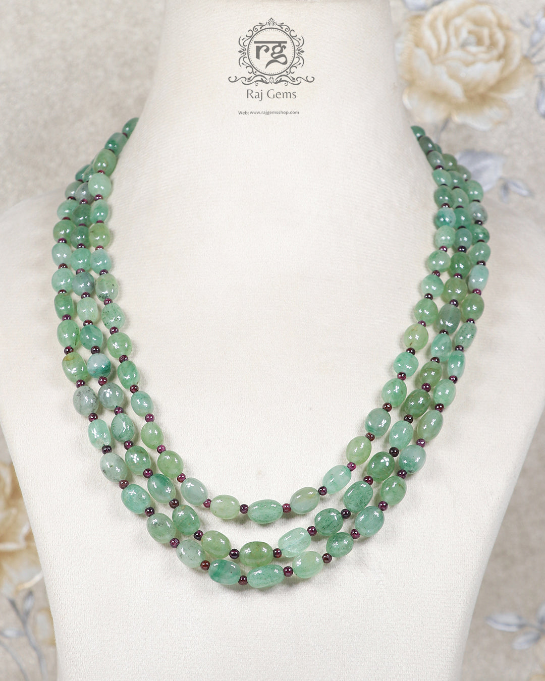 Natural Green Beryl & Garnet Gemstone Beads Necklace