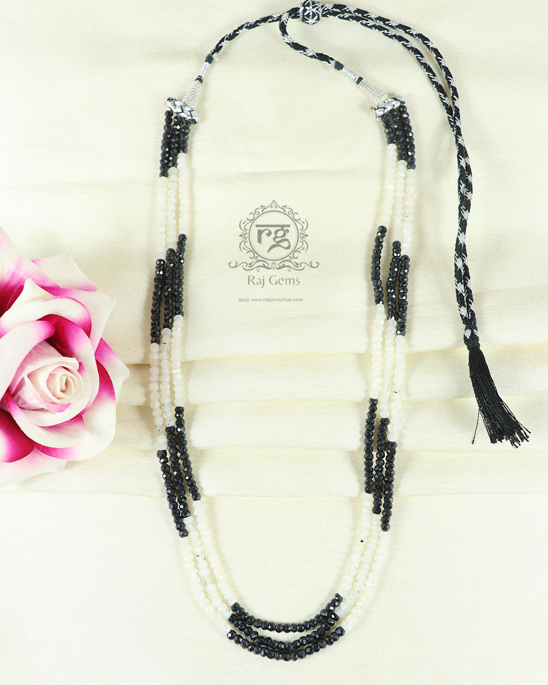 Natural Black Spinel & Rainbow Moonstone Gemstone Beads Necklace