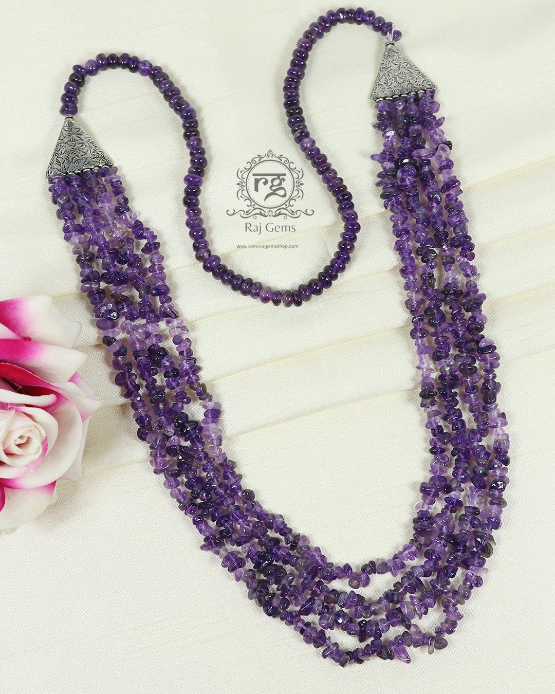 Natural Amethyst Uncut Gemstone Beaded Necklace