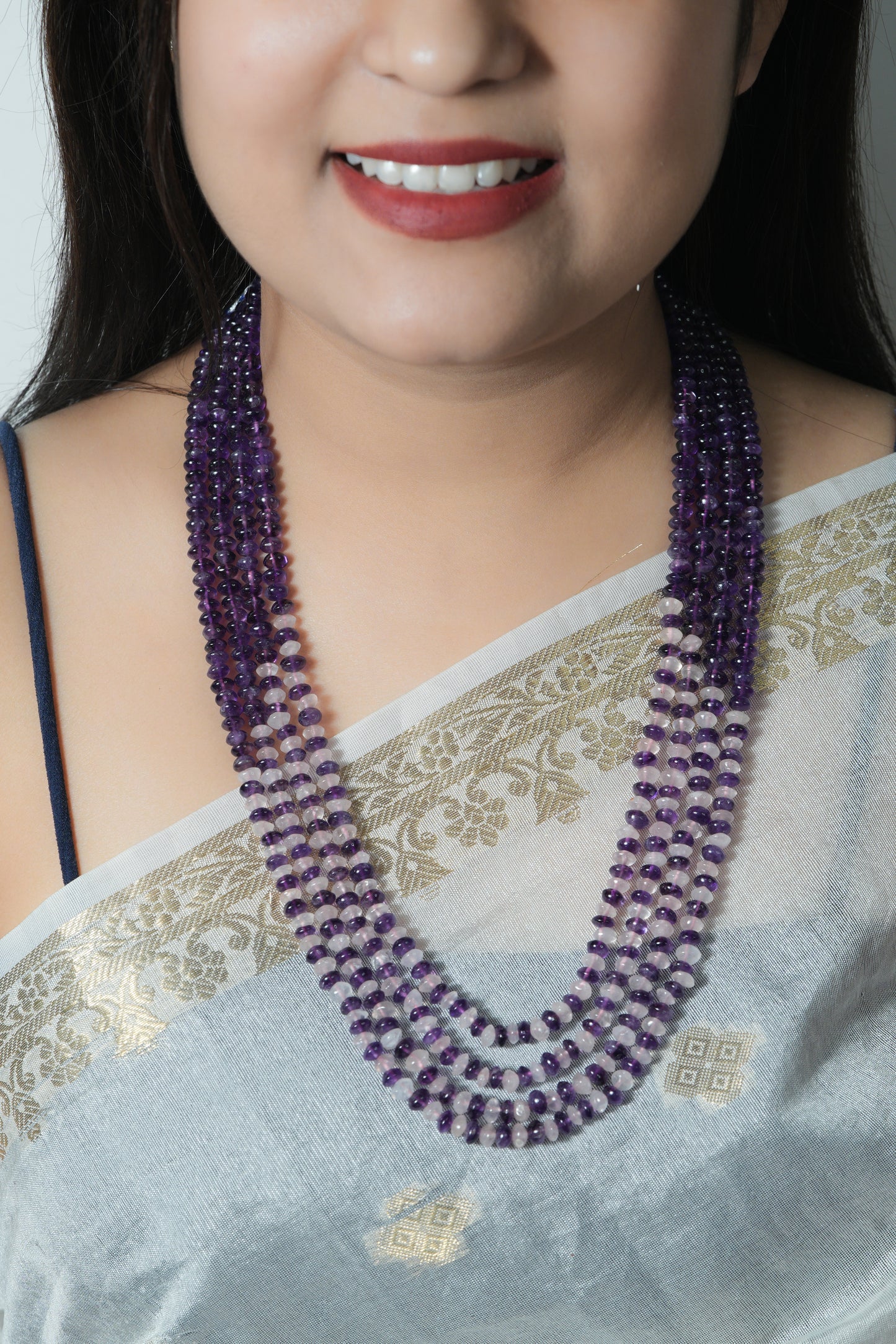 Natural Amethyst & Rose Quartz Gemstone Rondelle Smooth Beaded Necklace RBOGO - Raj Gems