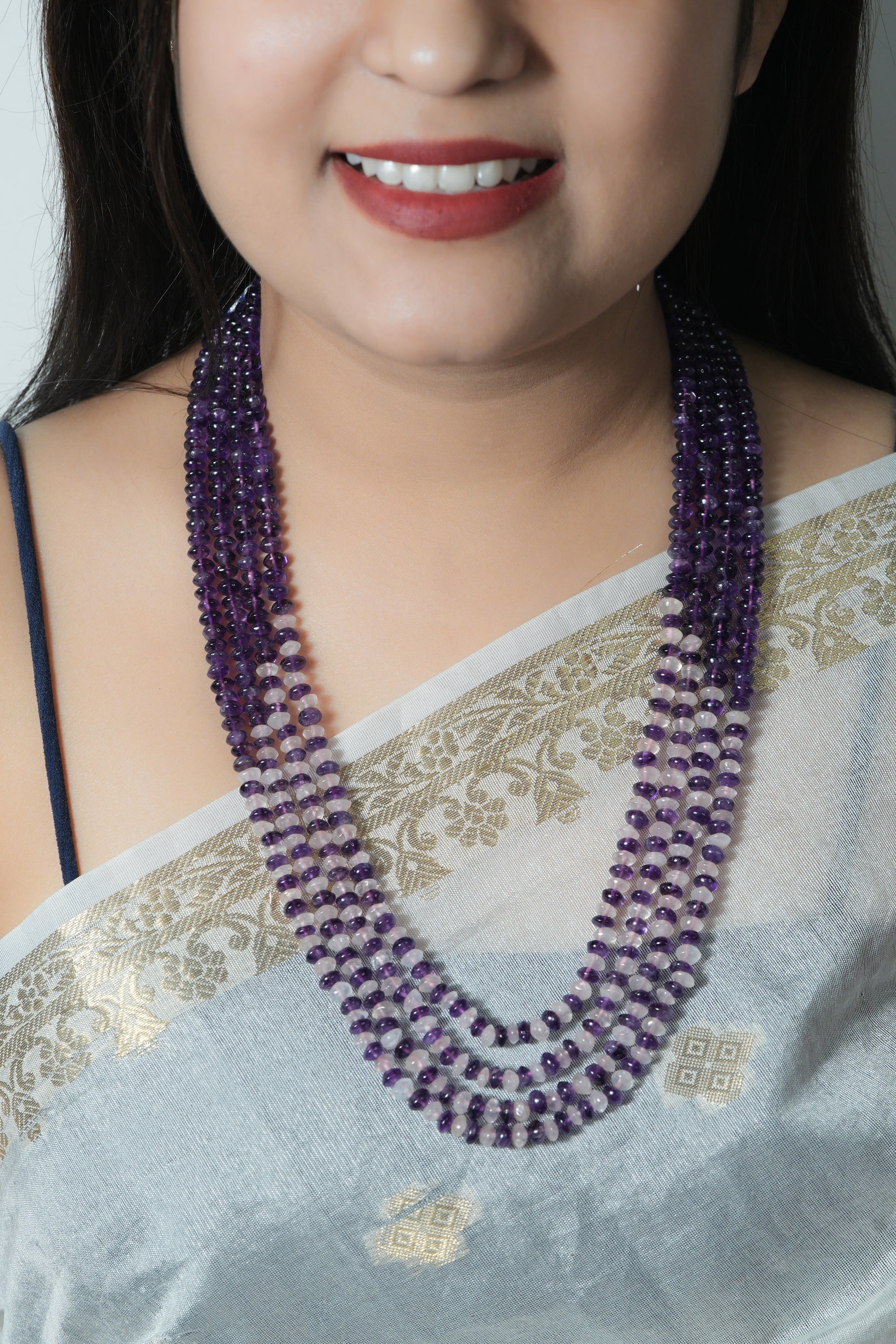 Natural Amethyst & Rose Quartz Gemstone Rondelle Smooth Beaded Necklace RBOGO - Raj Gems