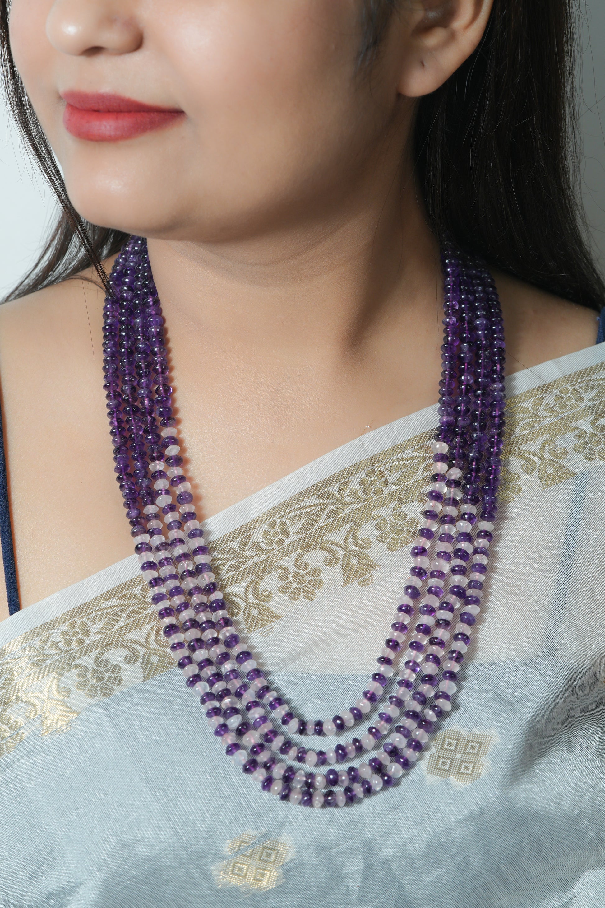 Natural Amethyst & Rose Quartz Gemstone Rondelle Smooth Beaded Necklace RBOGO - Raj Gems