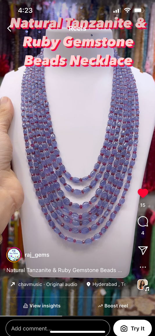 Natural Tanzanite & Ruby Gemstone Beads Necklace