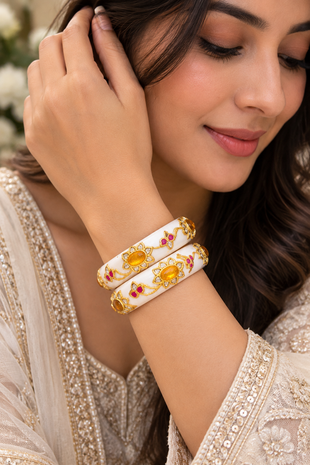 22 Karat Gold Bangles with Natural Diamond Polkis
