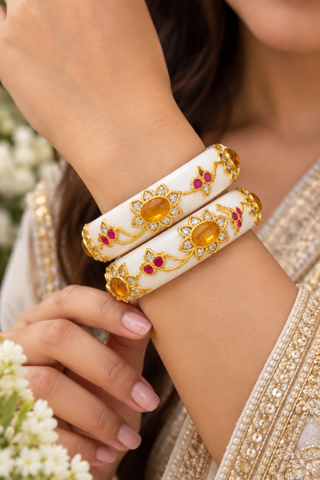 22 Karat Gold Bangles with Natural Diamond Polkis