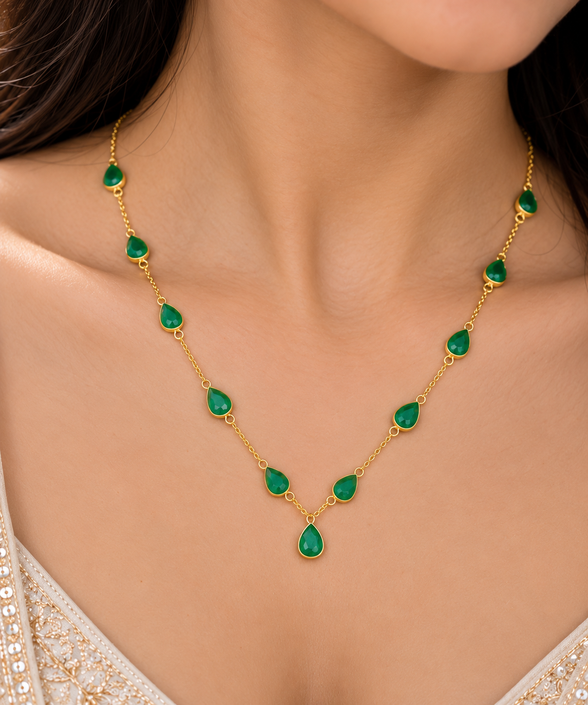 14K Gold Hallmarked Natural Emerald Chain