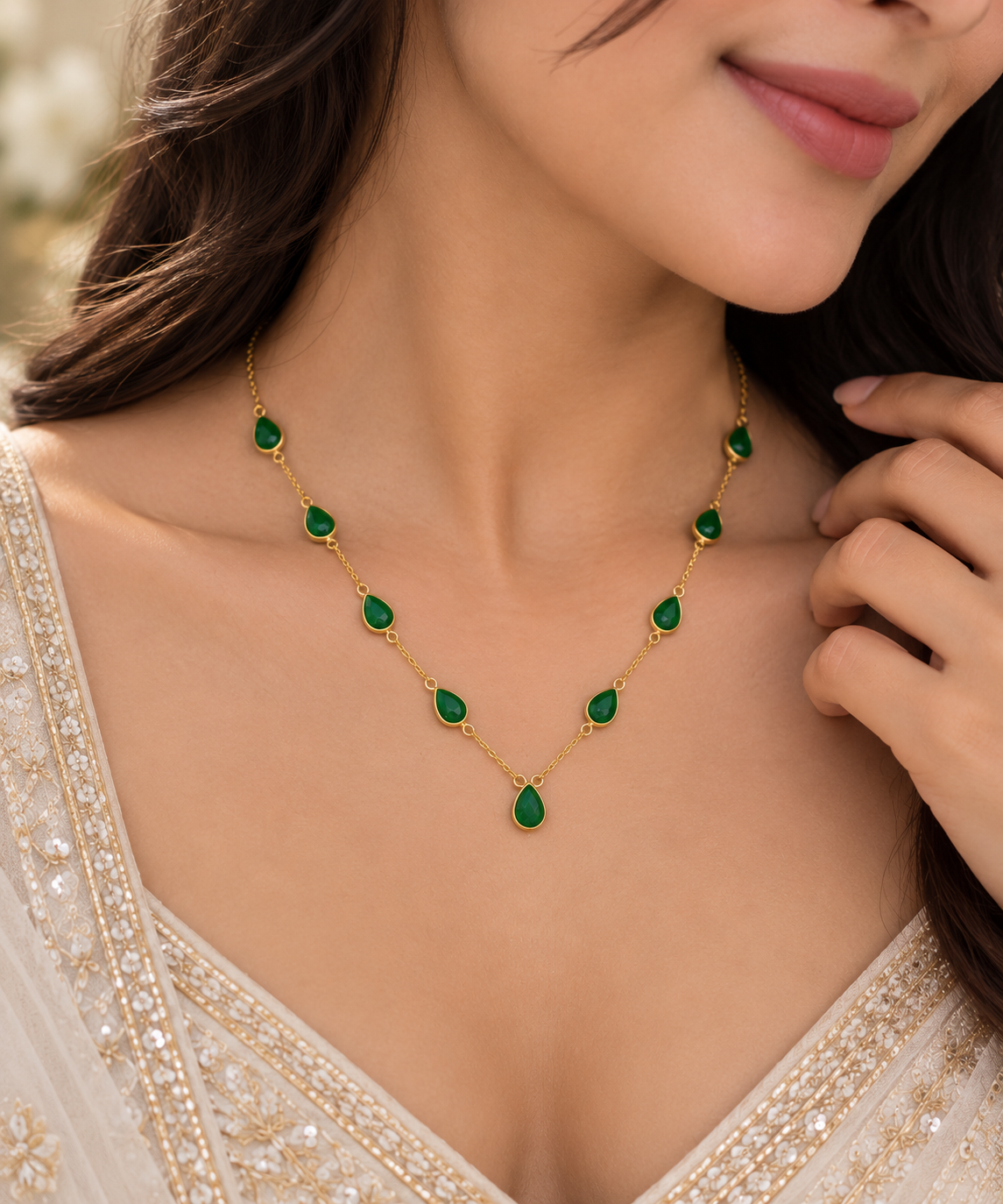 14K Gold Hallmarked Natural Emerald Chain