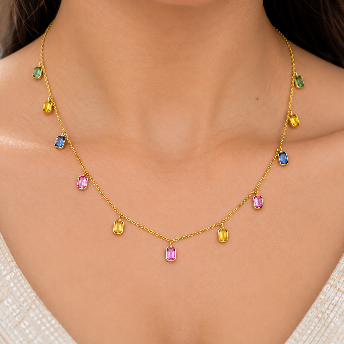 14K Gold Hallmarked Natural Multi Sapphire Chain