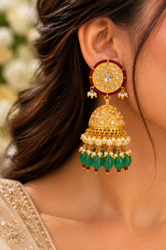 22K Gold Hallmarked Natural Diamond Polki Jhumka Earrings