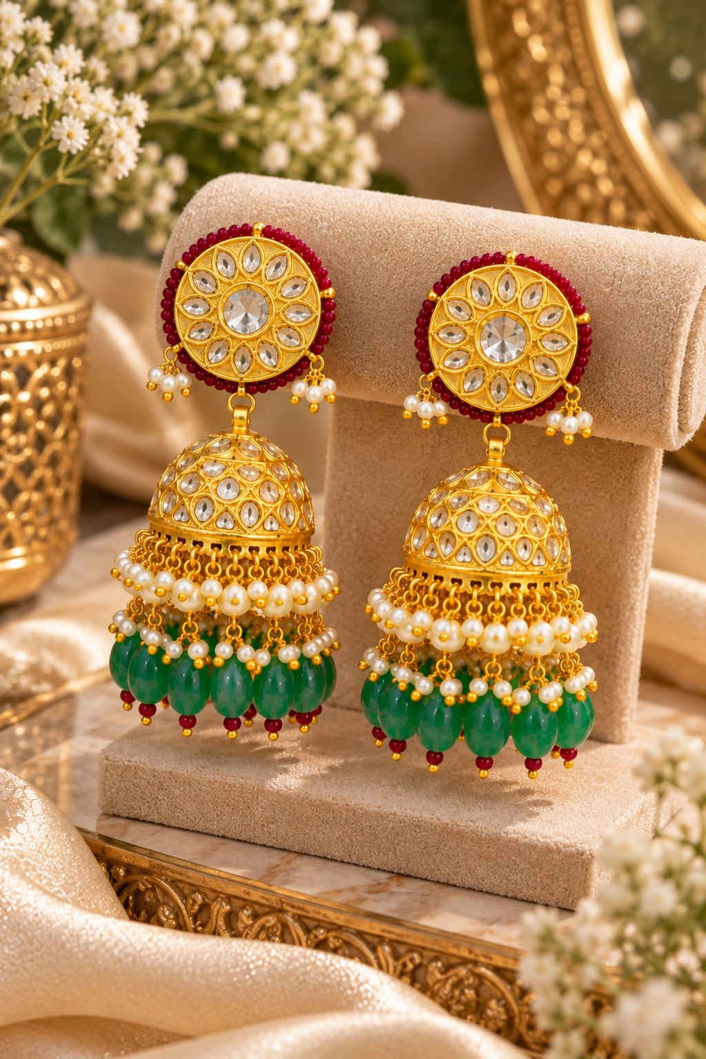22K Gold Hallmarked Natural Diamond Polki Jhumka Earrings