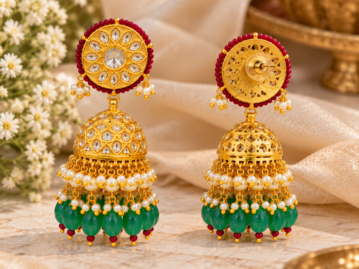 22K Gold Hallmarked Natural Diamond Polki Jhumka Earrings